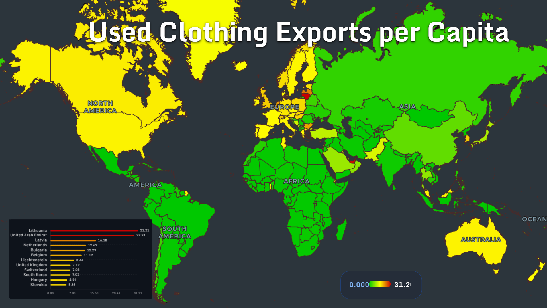 World map showing used clothing exports per capita by country