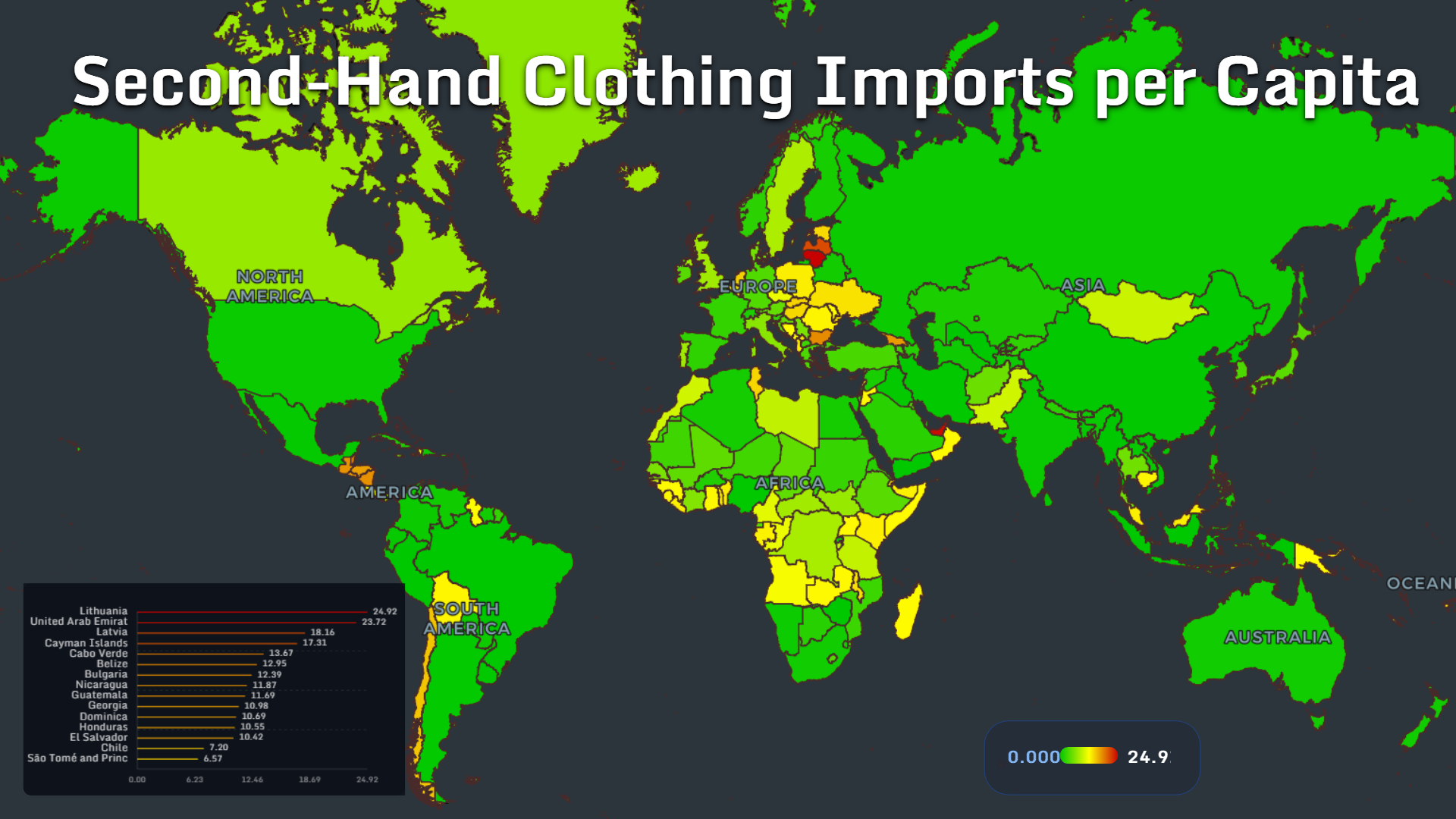 World map showing second-hand clothing imports per capita by country