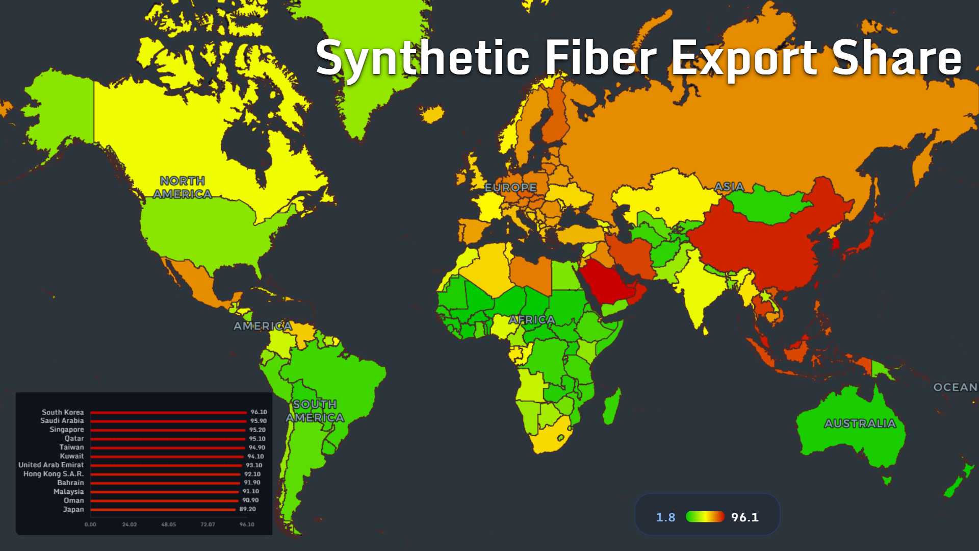 World map showing synthetic fiber export share by country