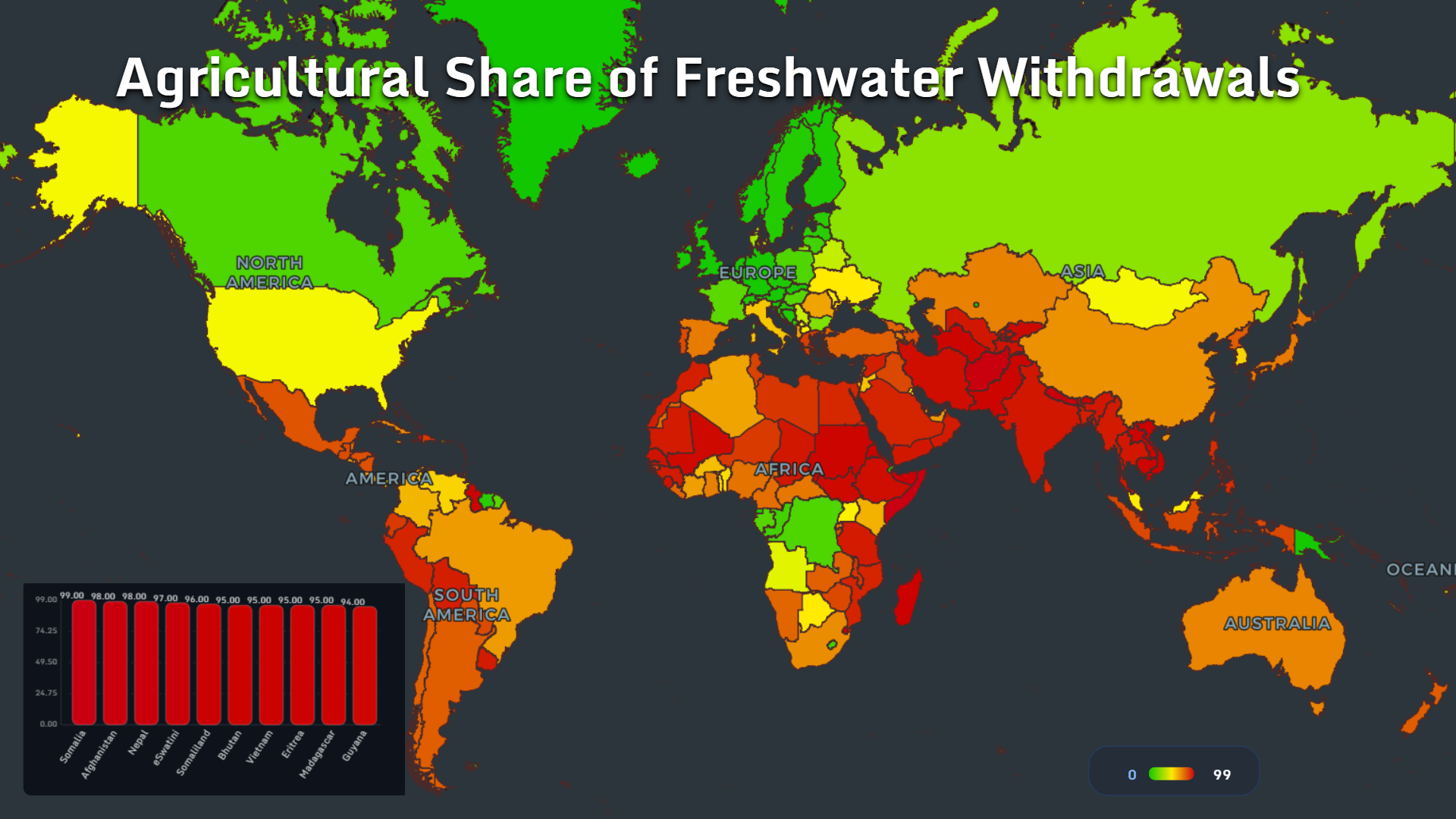 Map showing the agricultural share of freshwater withdrawals by country