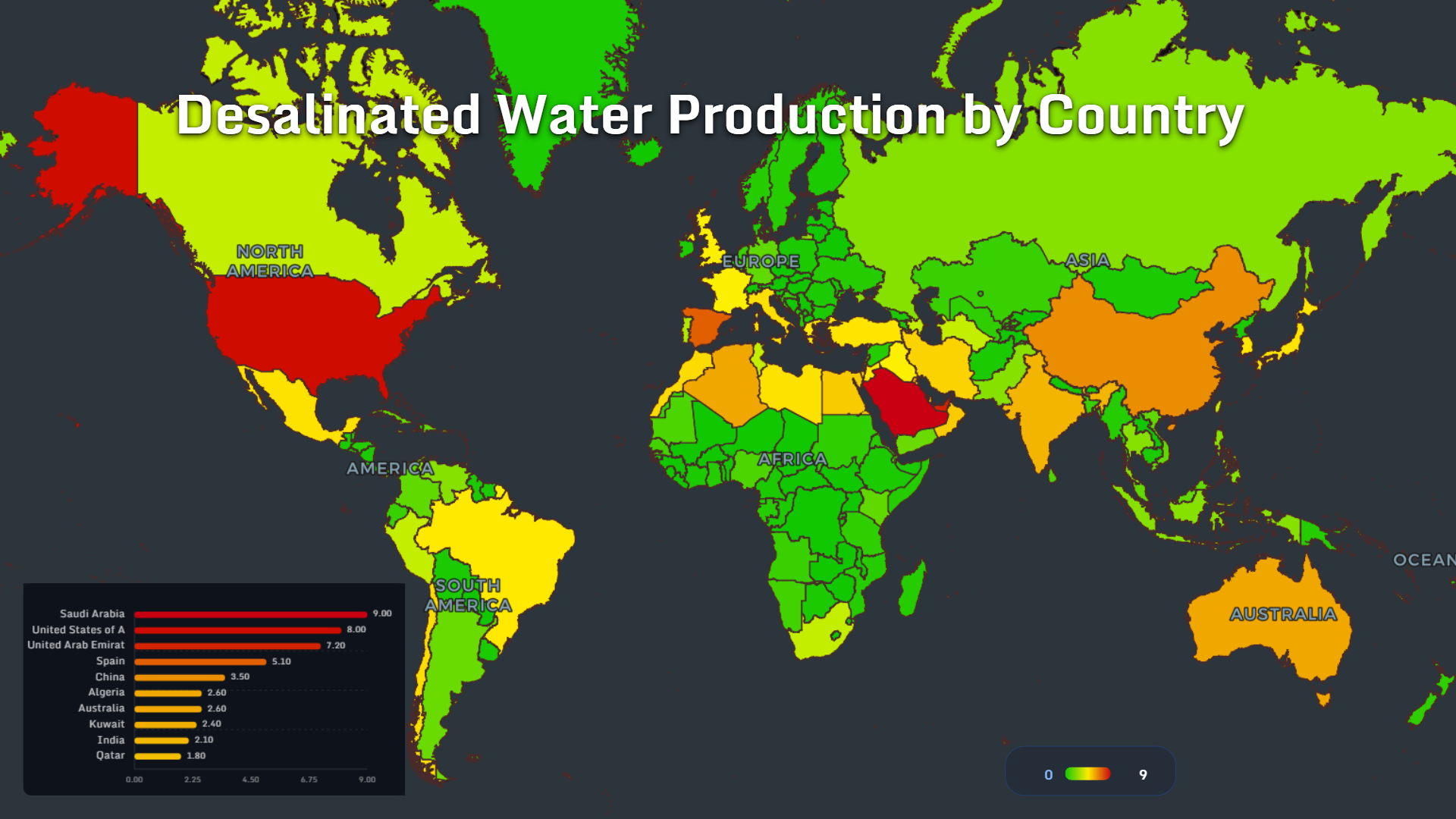 Map comparing desalinated water production by country