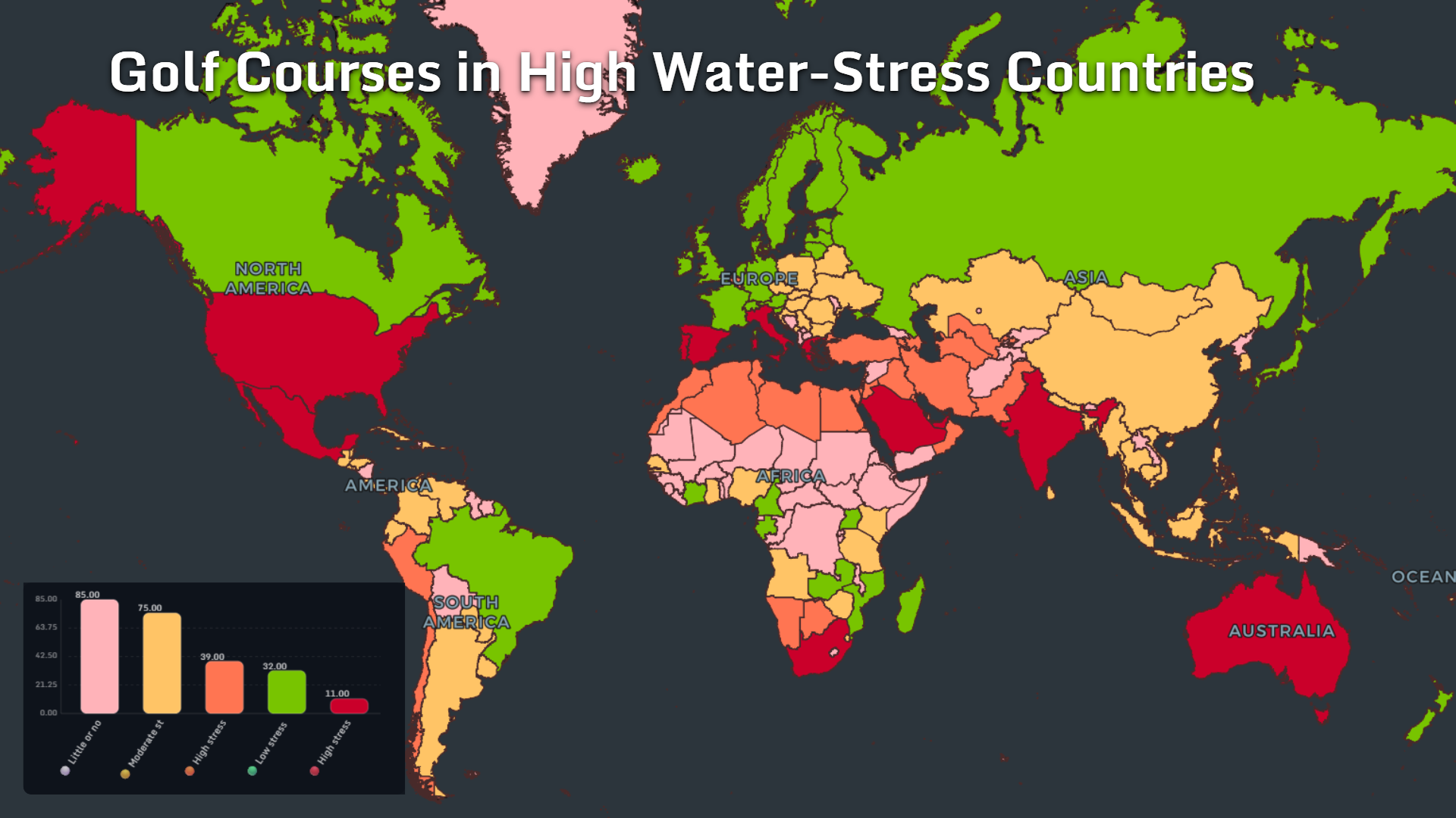 Map examining golf courses across countries with different water-stress levels