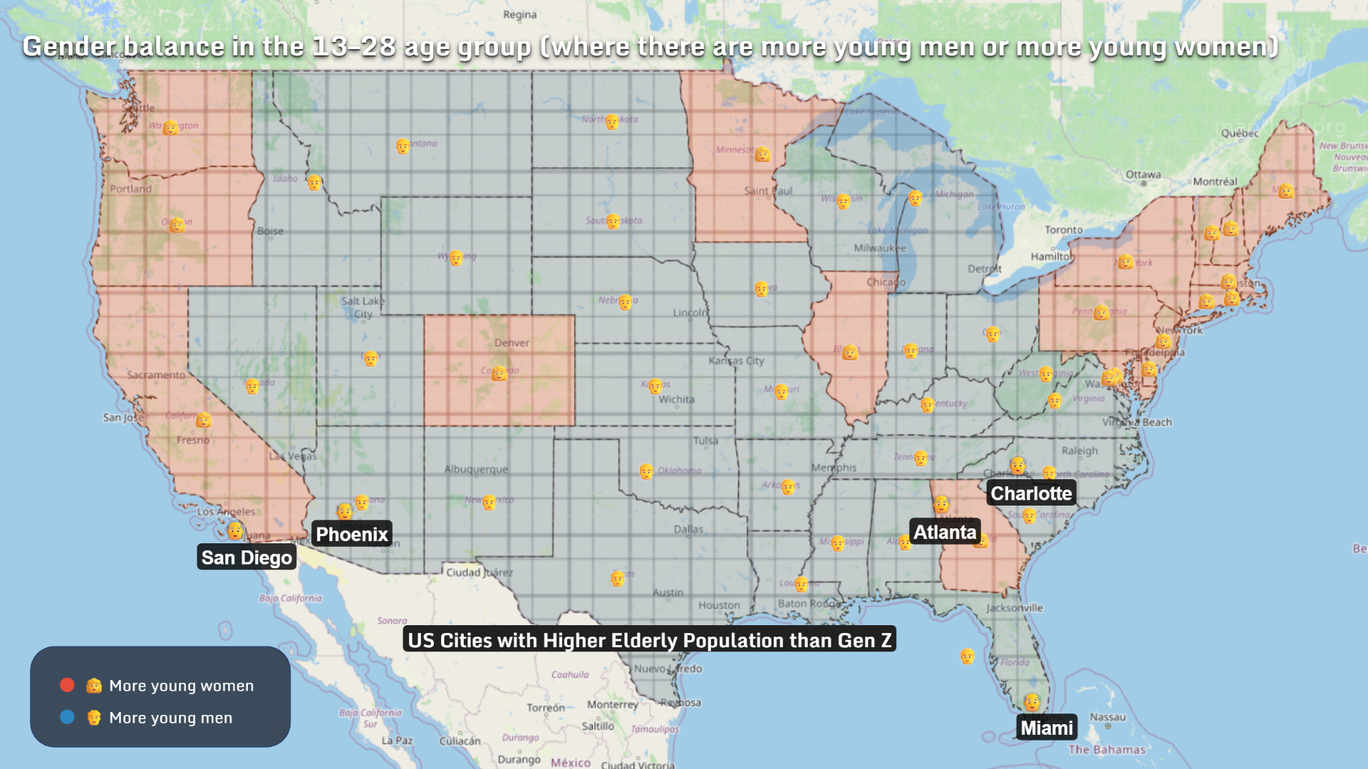US map showing gender balance among young people 13–28