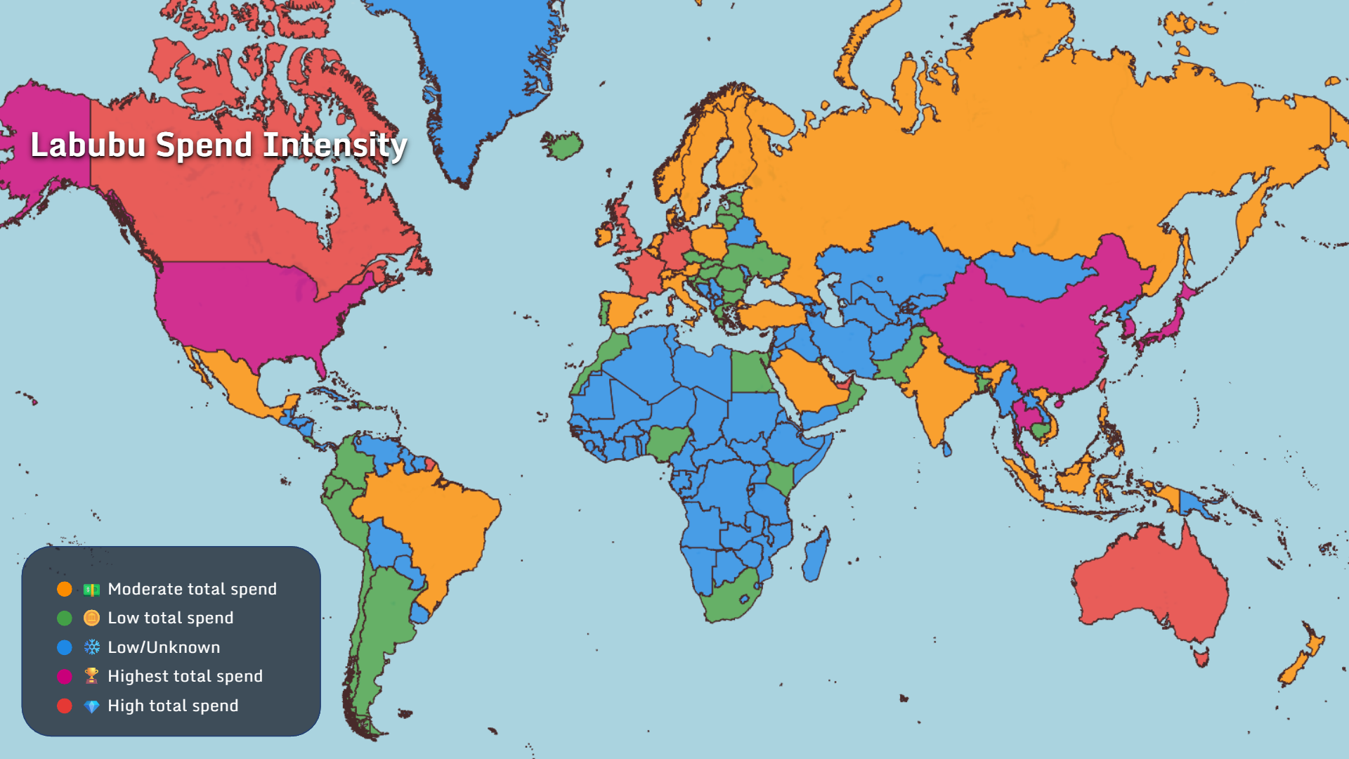 Labubu spend intensity by country map