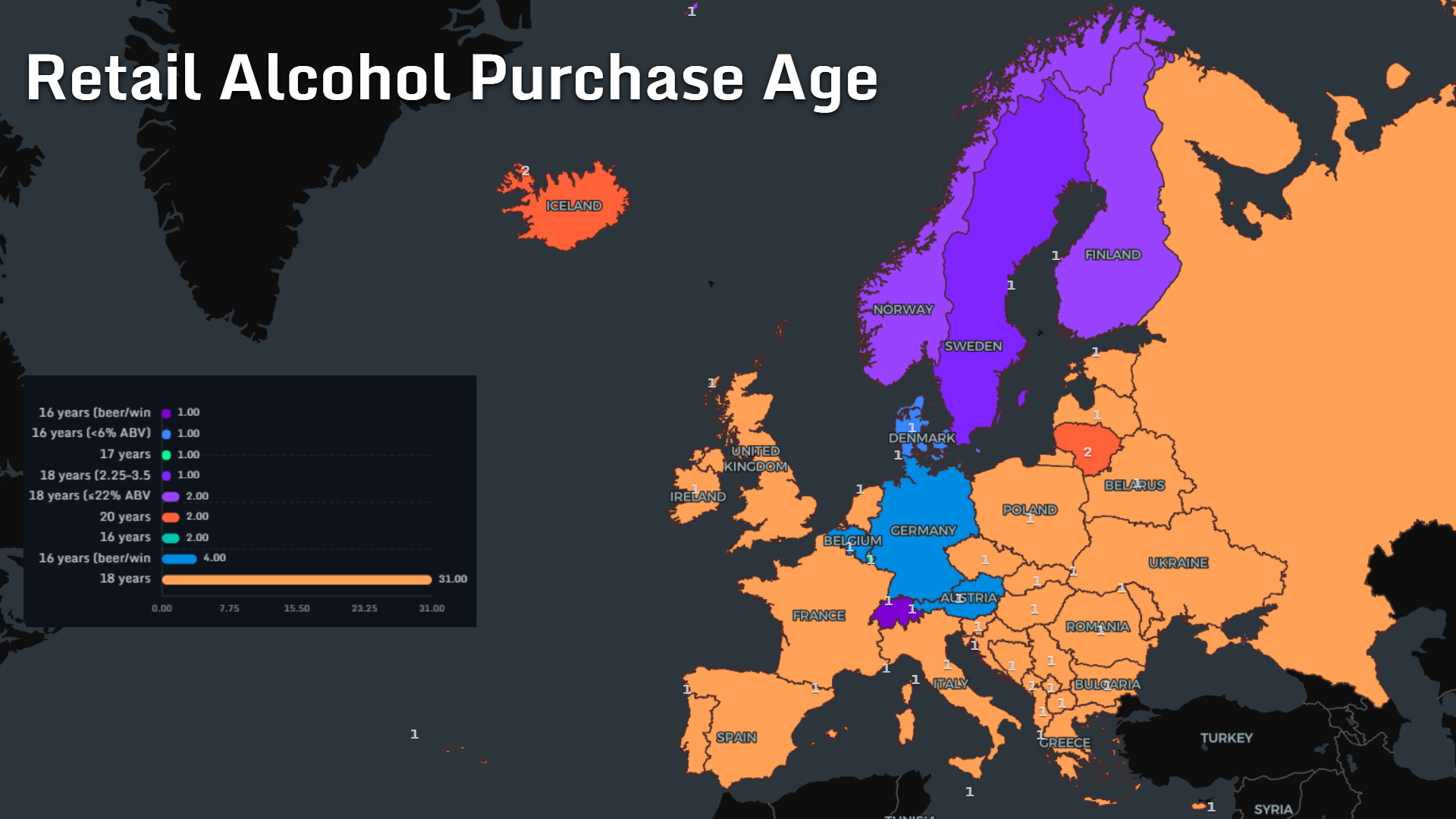 Map of minimum retail alcohol purchase ages across Europe