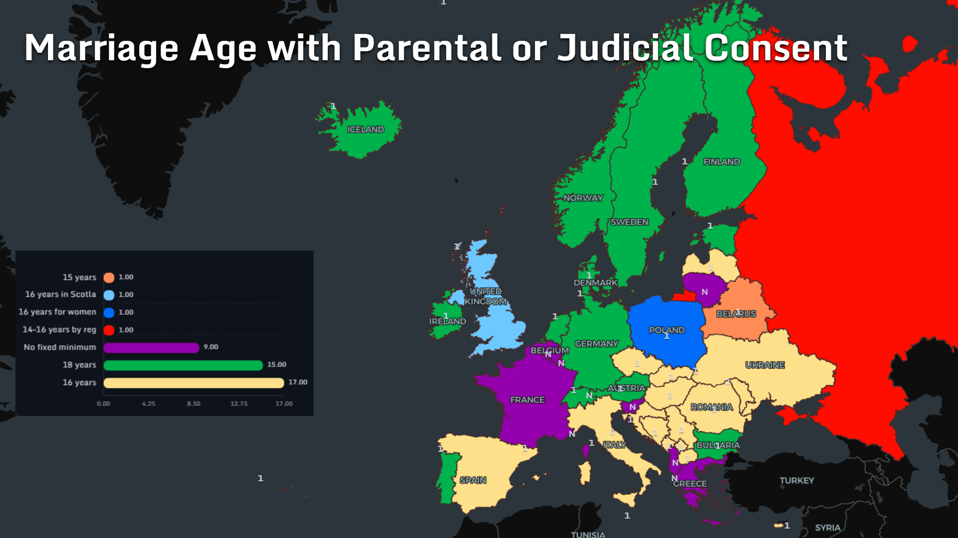 Map of minimum marriage age with parental or judicial consent across Europe