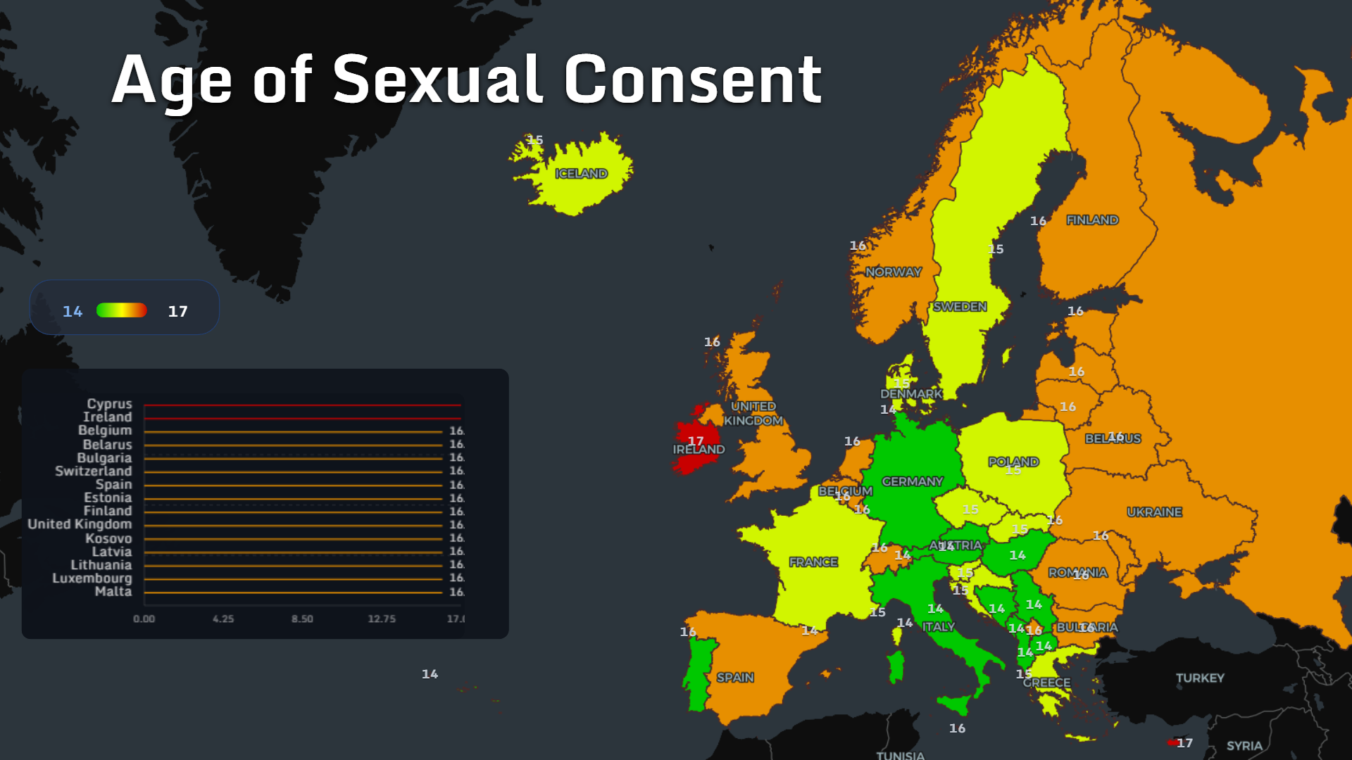Map of the age of sexual consent across Europe