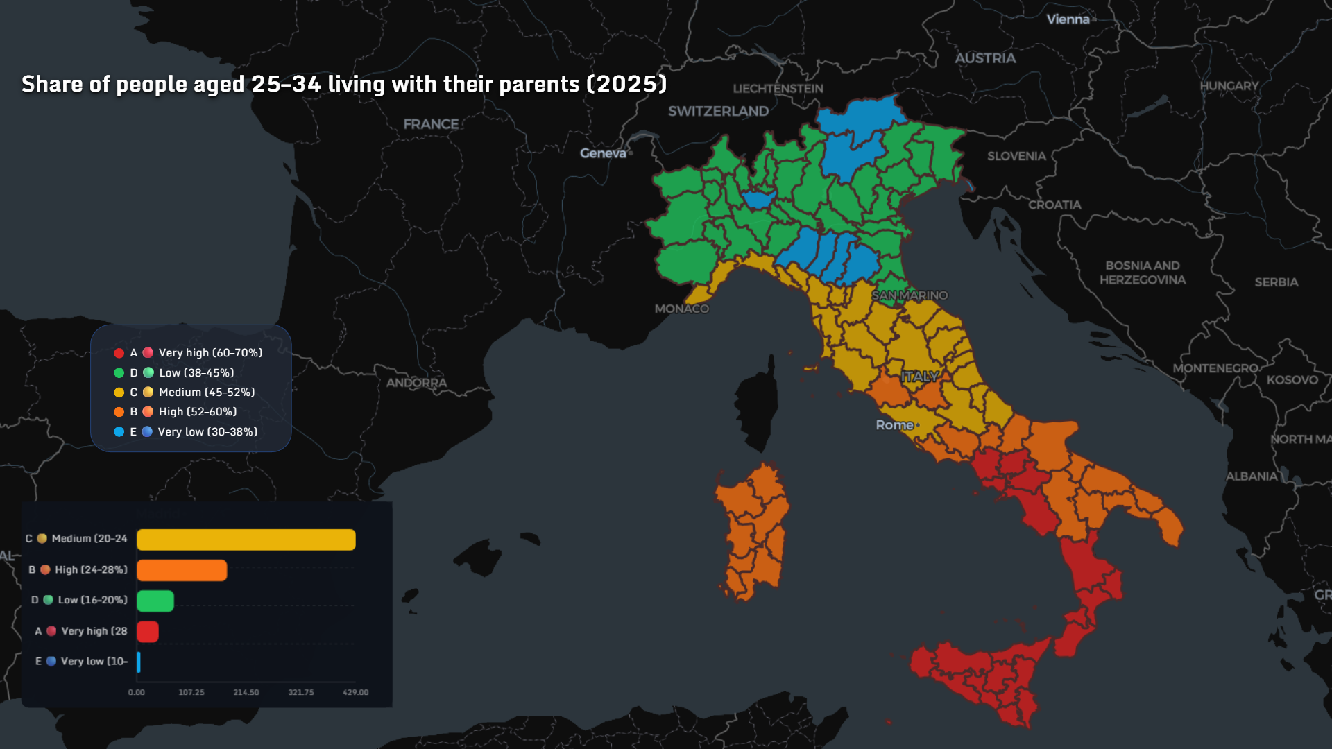 Italy map showing share of people aged 25–34 living with parents in 2025