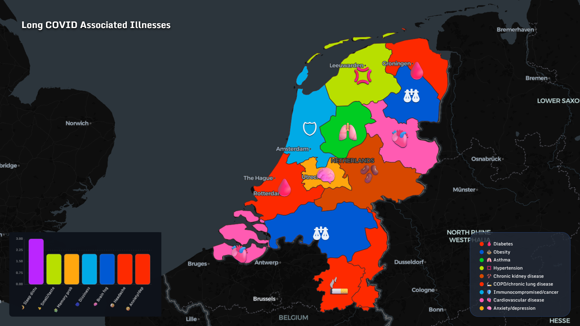 Long COVID associated illnesses map Netherlands