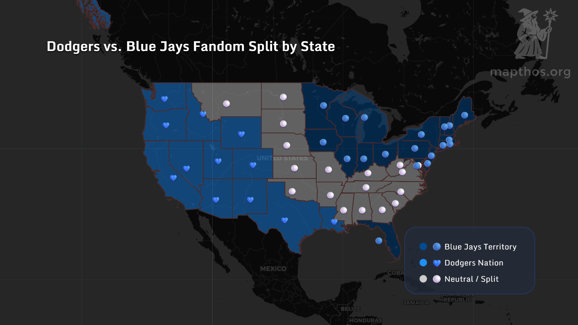 Dodgers vs Blue Jays 2025 fandom map — regional baseball rivalry visualization