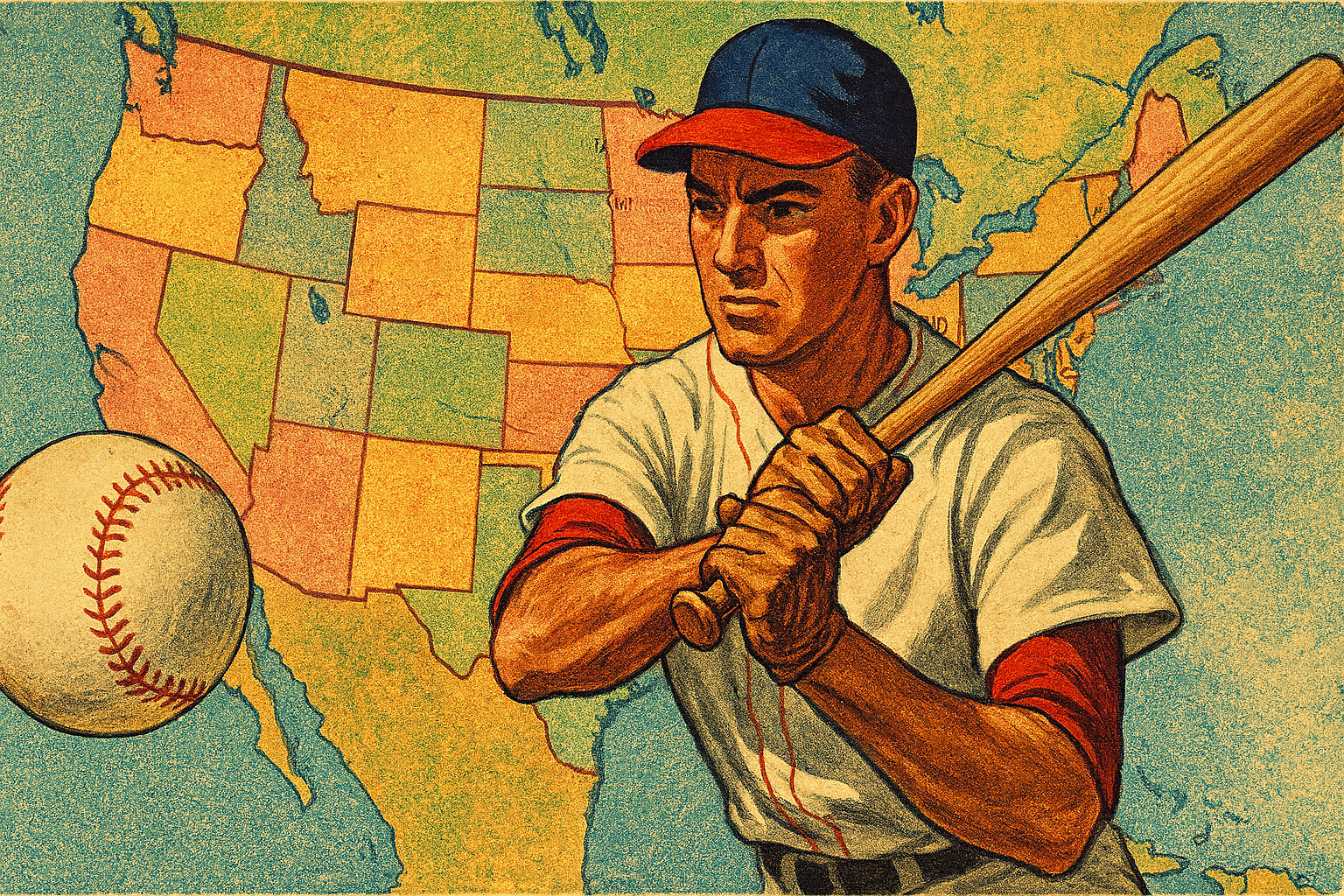 Retro baseball illustration with player and USA map — MAPTHOS blog header