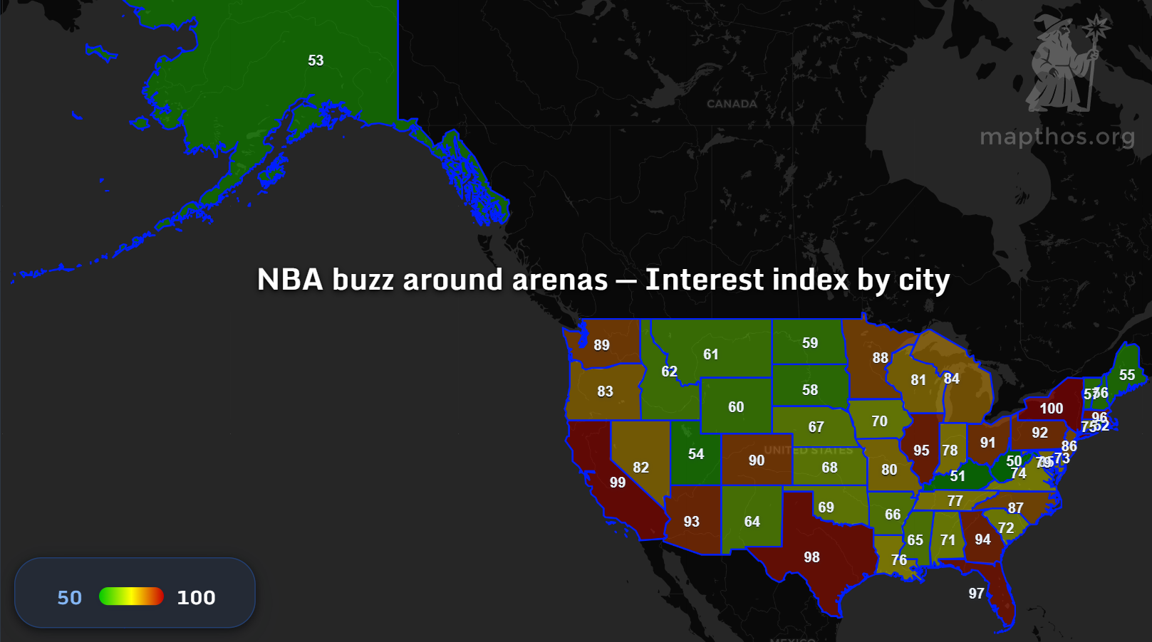 Map showing NBA arena buzz and interest index by city — Mapthos AI analysis 2025