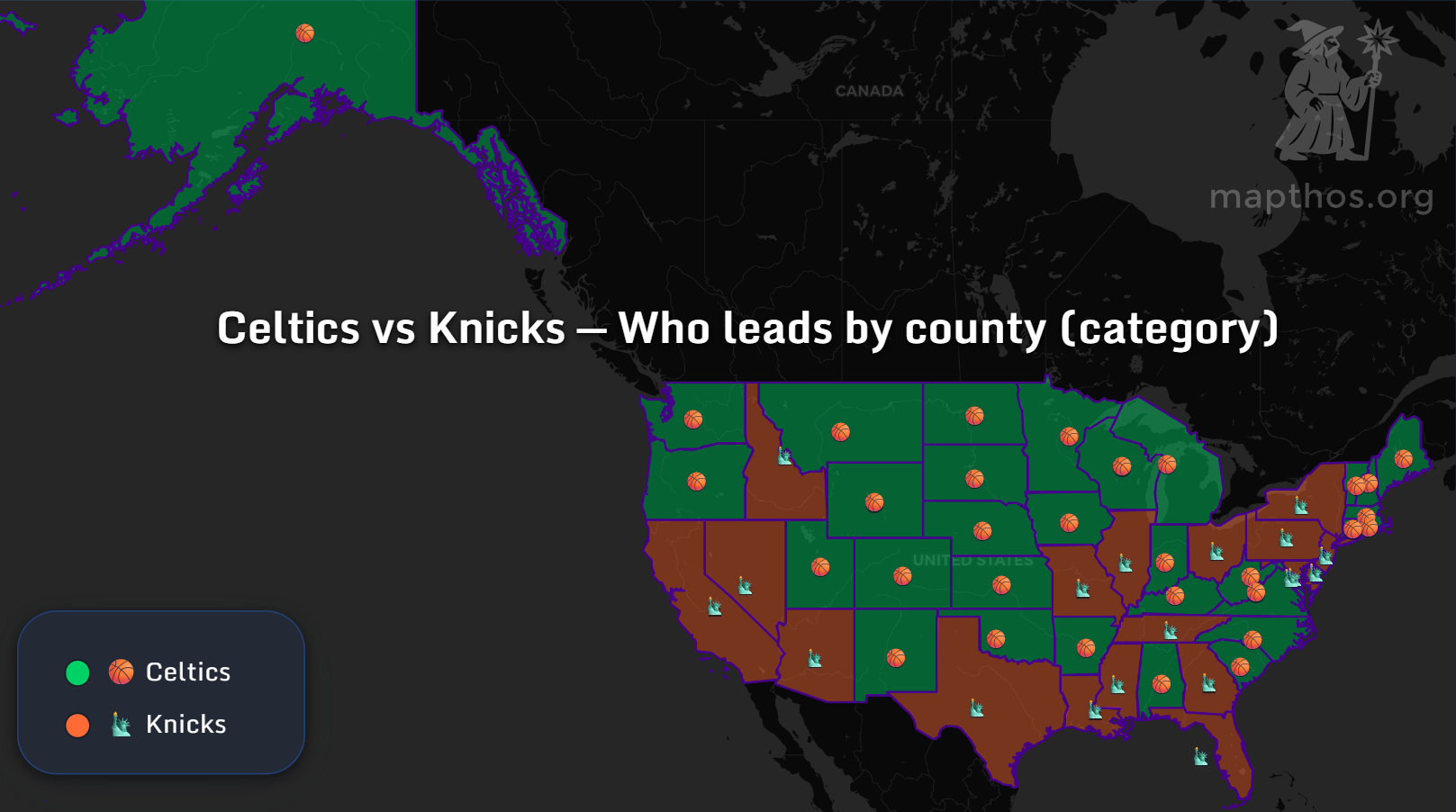 Map of Celtics vs Knicks fan dominance by state — Mapthos NBA rivalry visualization