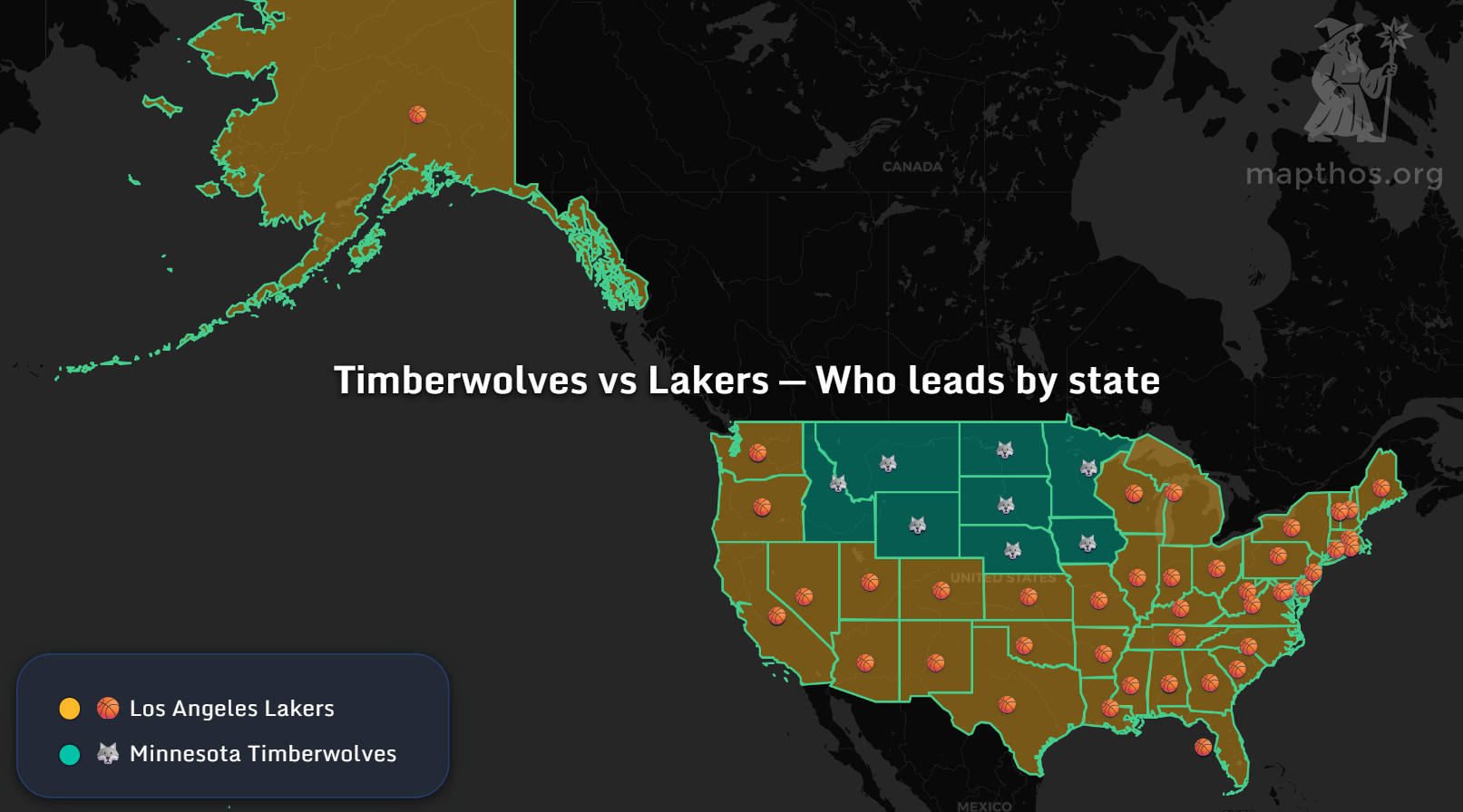 Timberwolves vs Lakers fan lead map by U.S. state — Mapthos 2025 dataset