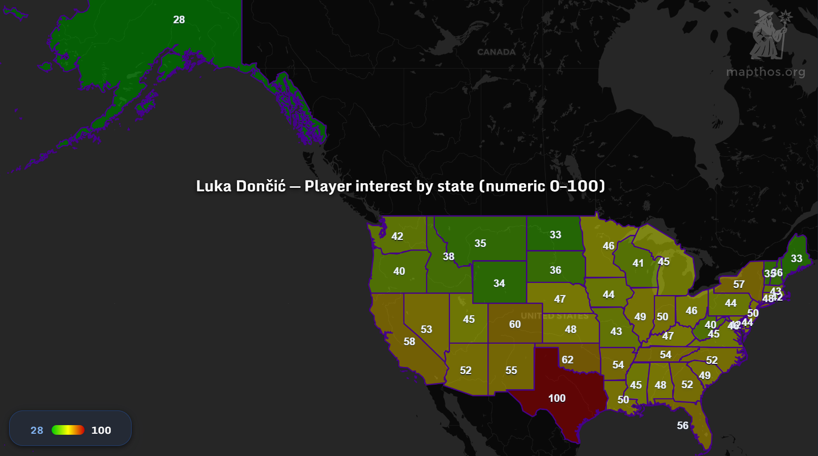 Map of Luka Dončić player interest by U.S. state, 2025 — Mapthos dataset