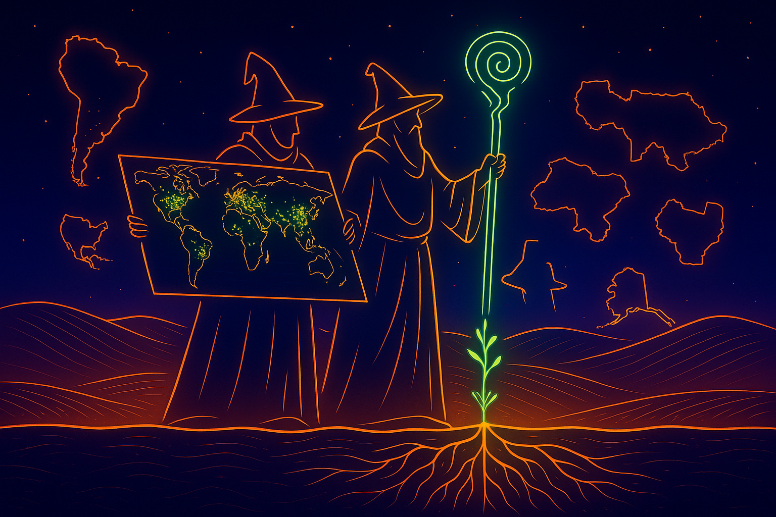 Futuristic neon illustration of two wizards exploring glowing farmlands under the night sky, symbolizing the global no-till revolution