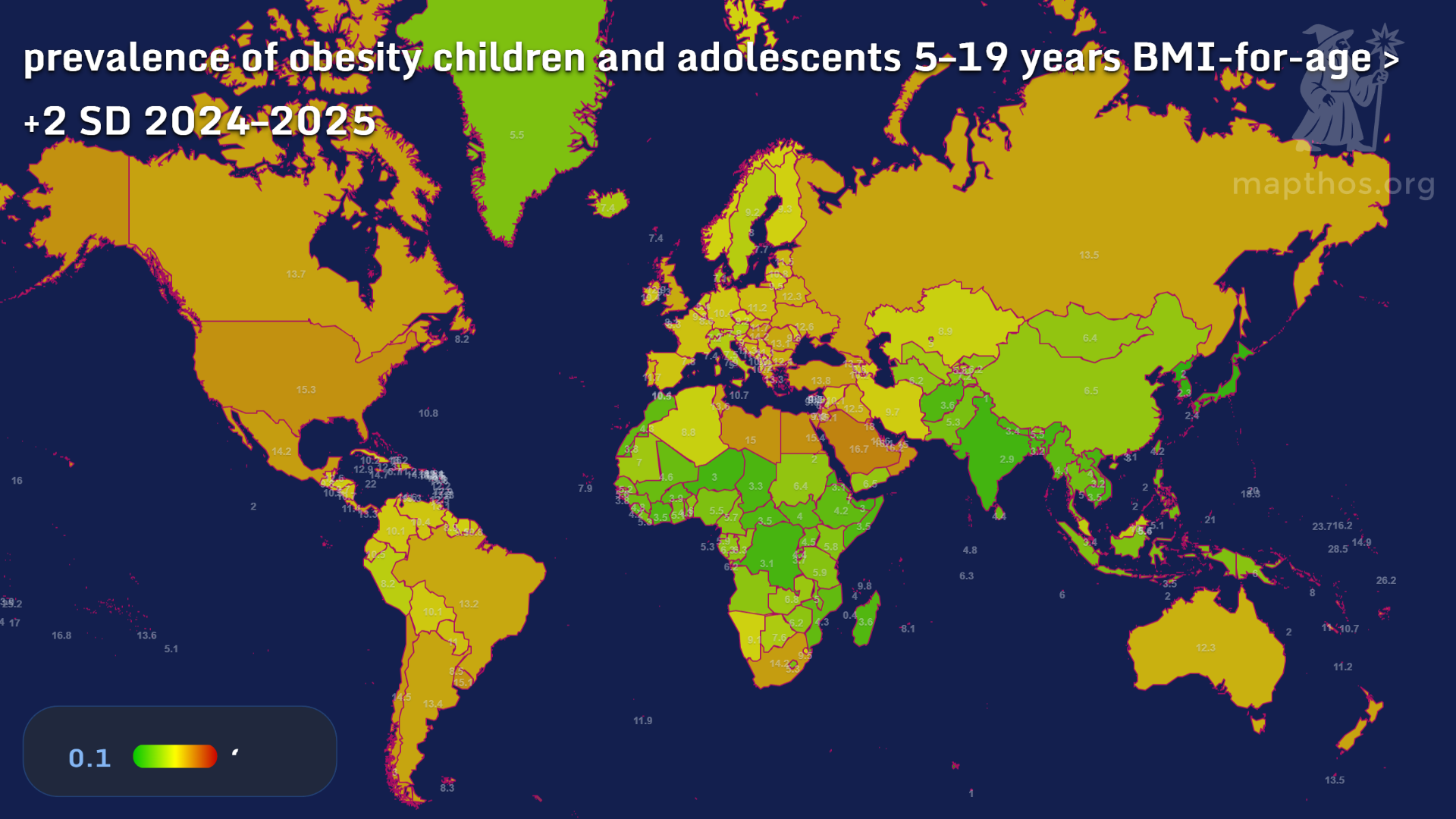 Map showing prevalence of obesity among children and adolescents 2024–2025