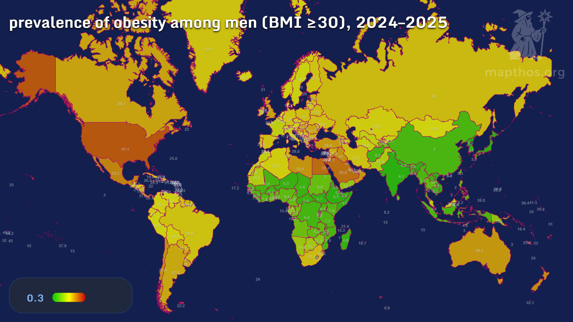 Map showing prevalence of obesity among men 2024–2025