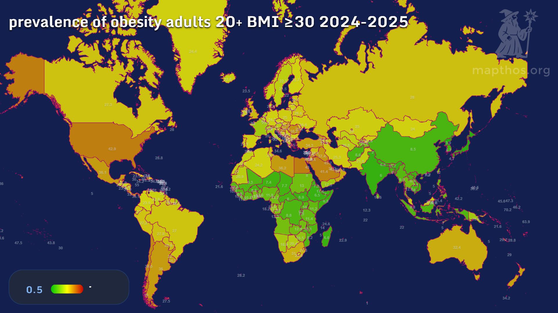Global map of adult obesity prevalence 2025