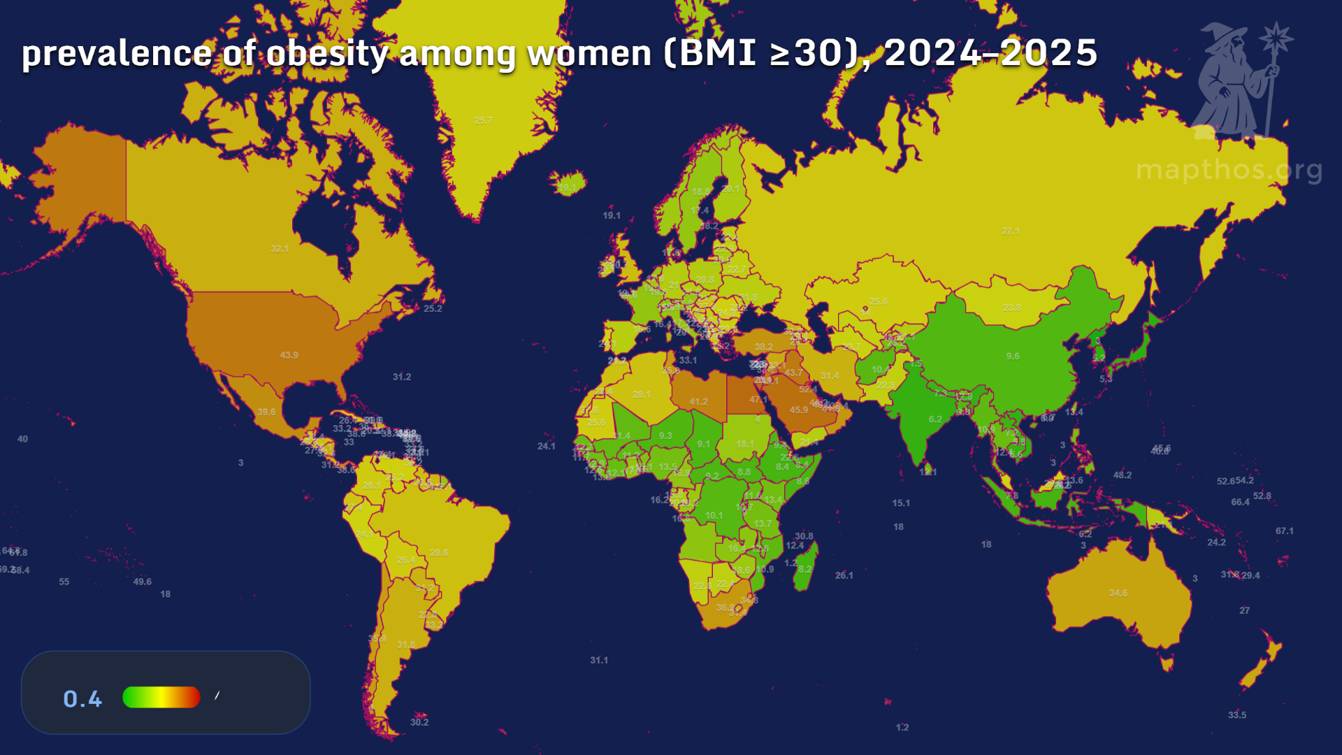Map showing prevalence of obesity among women 2024–2025