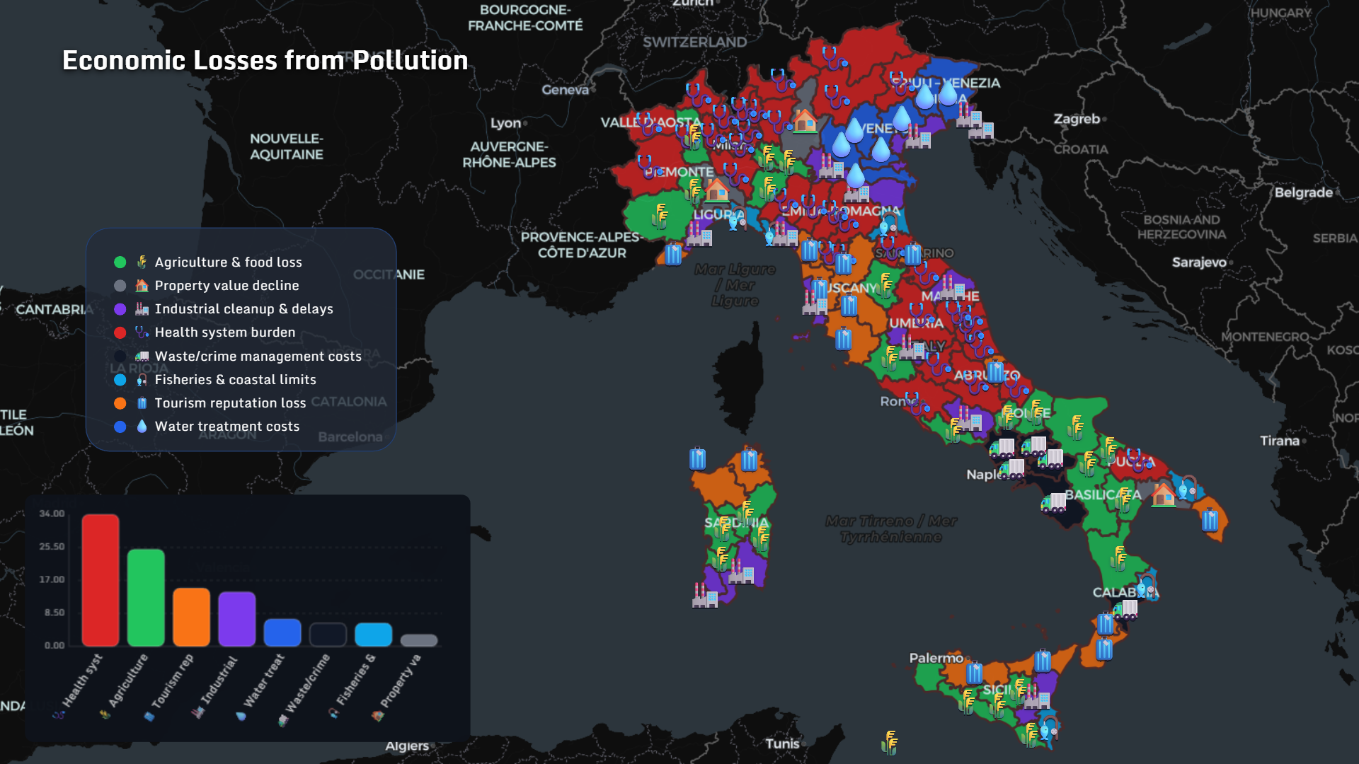 Economic losses from pollution Italy map