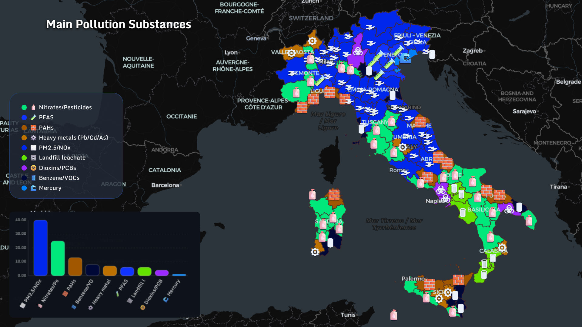 Main pollution substances Italy map