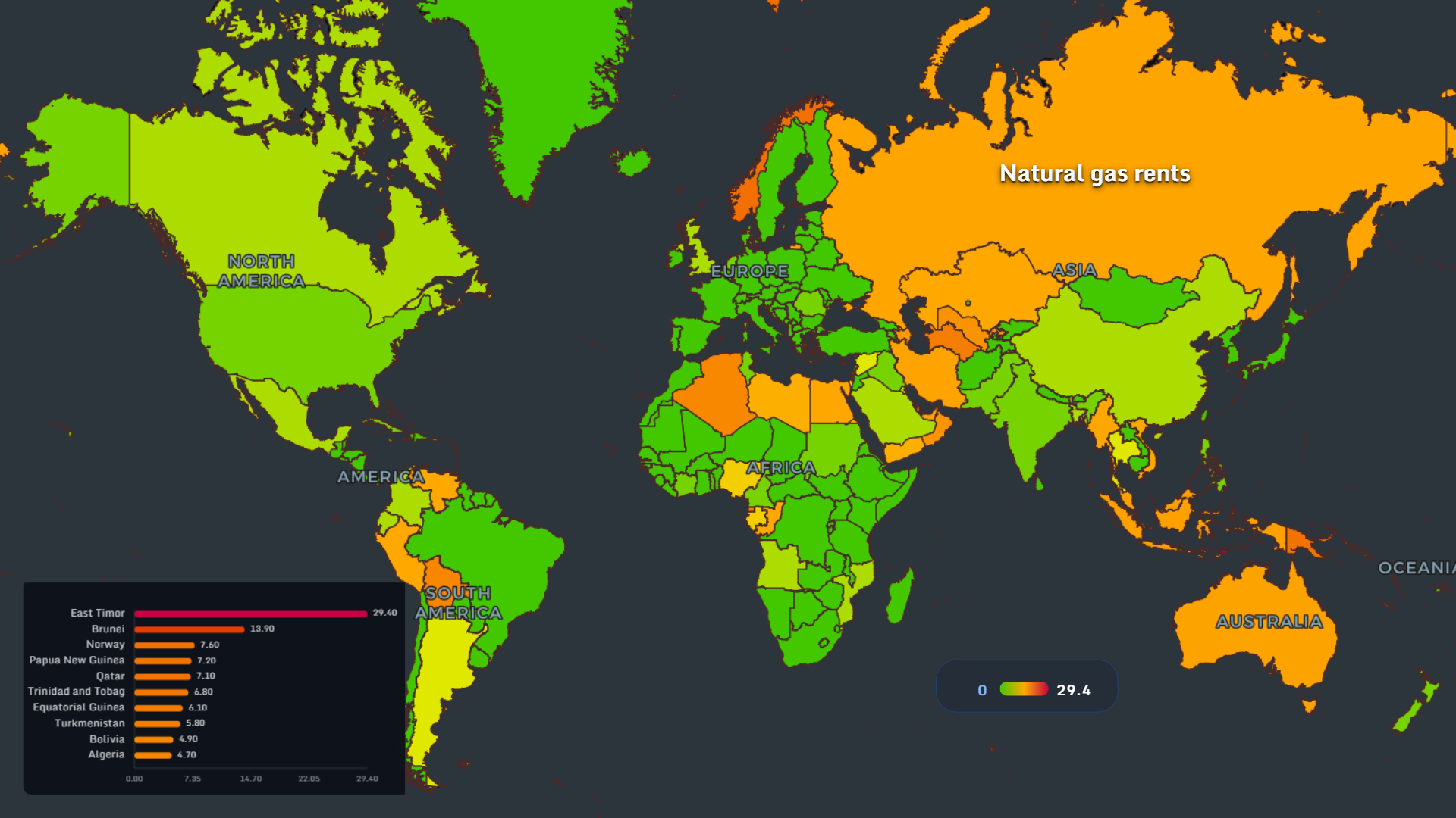Natural gas rents by country map
