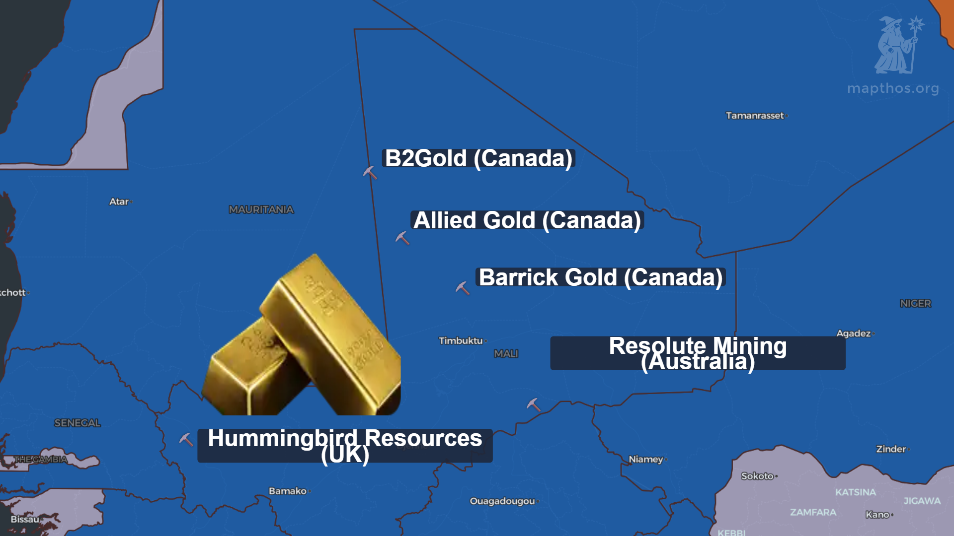 Map of gold mines and production in Africa