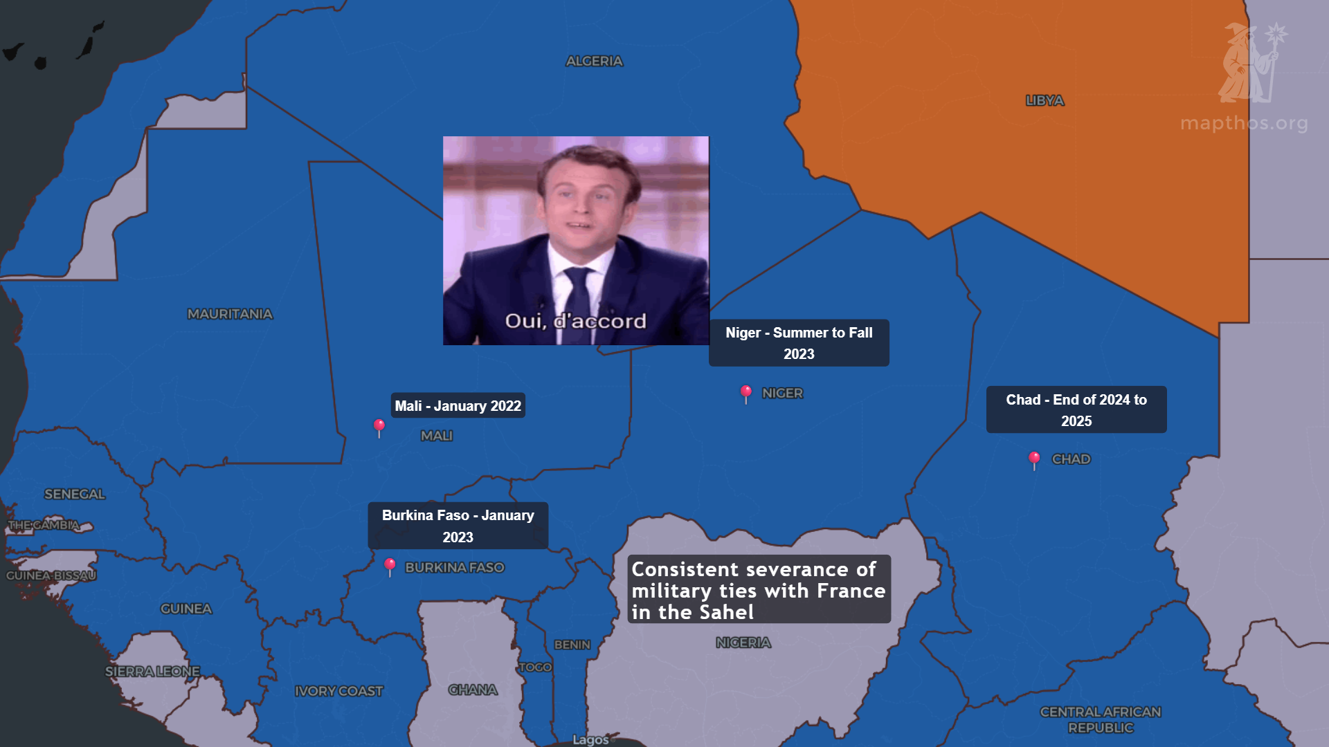 Map of military alliances and foreign bases in Sahel 2025