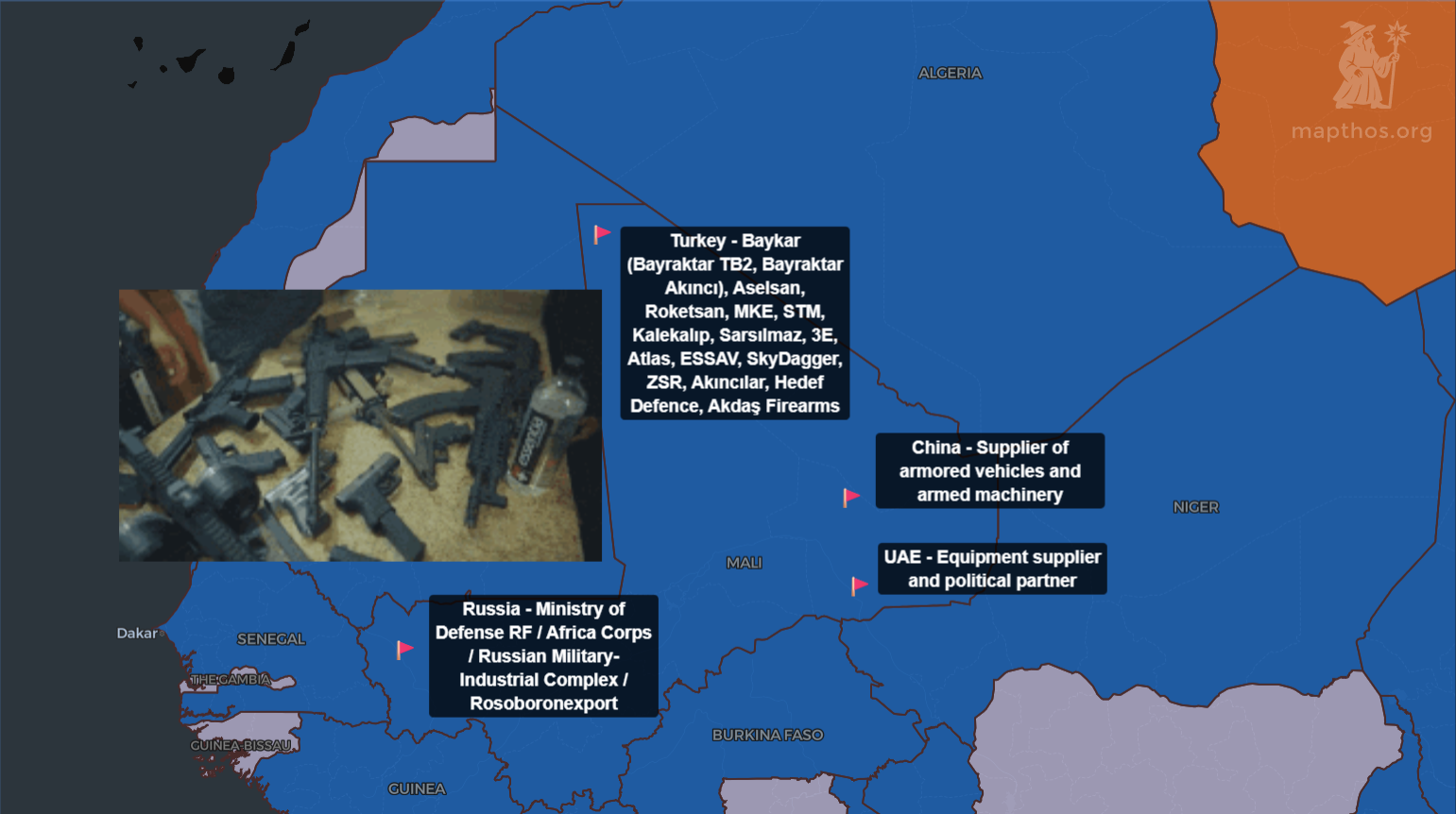 Map of arms trade flows and military suppliers in Africa