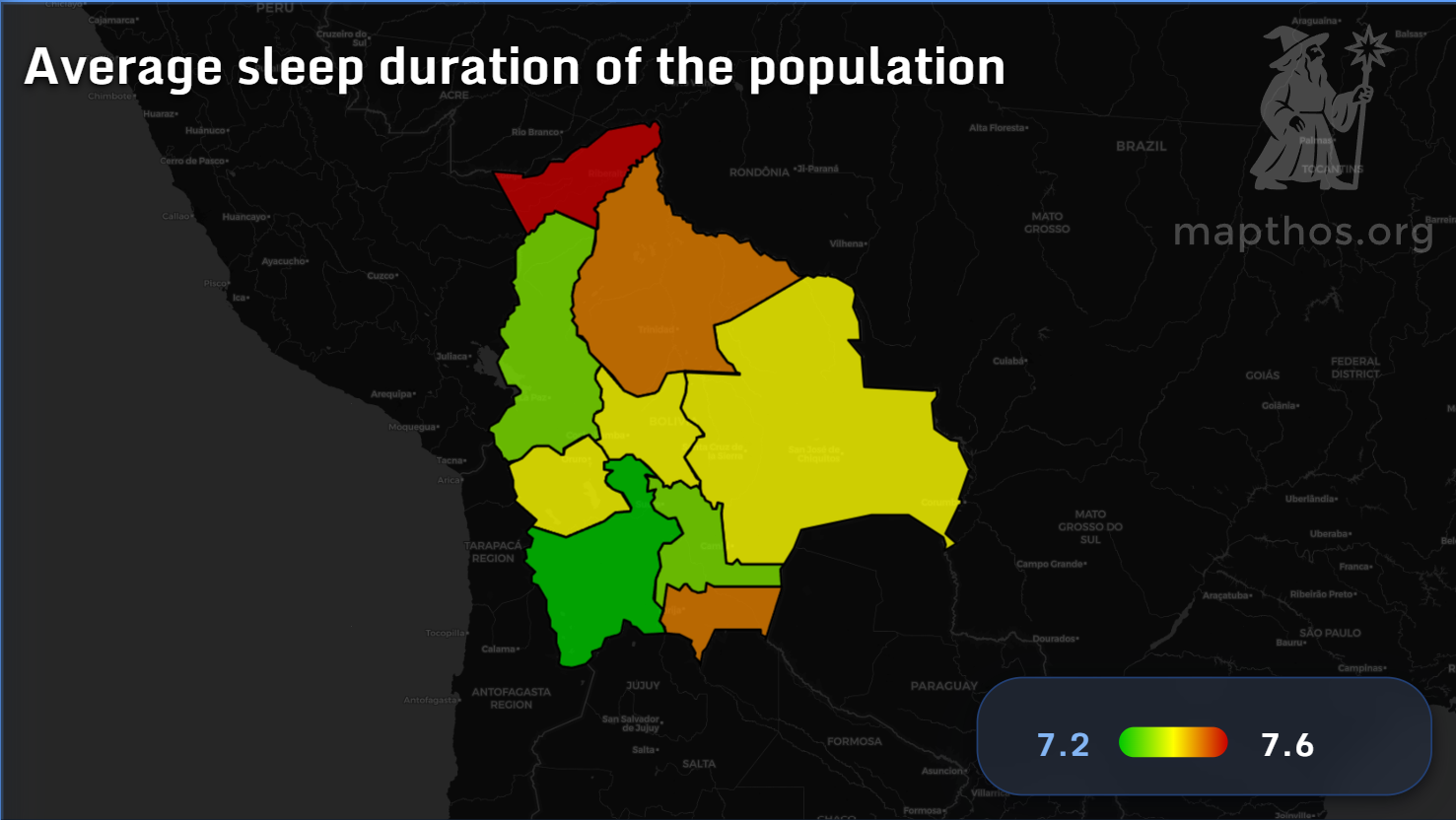 Bolivia average sleep duration map 2025