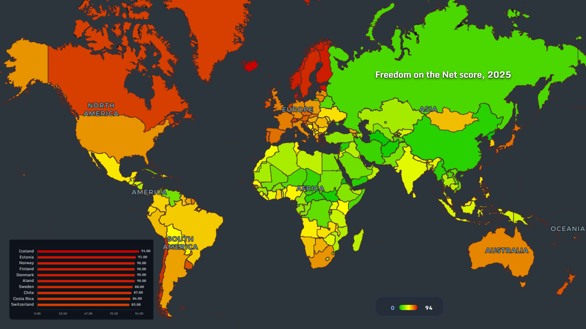 Freedom on the Net score 2025 map