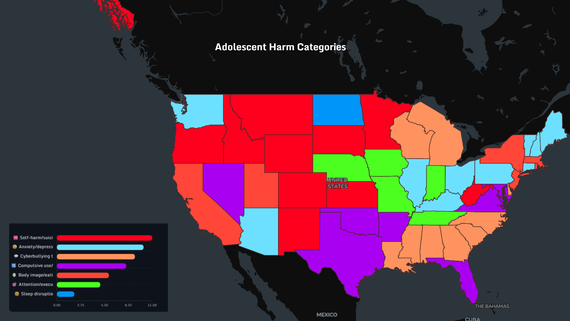 Adolescent harm categories USA map