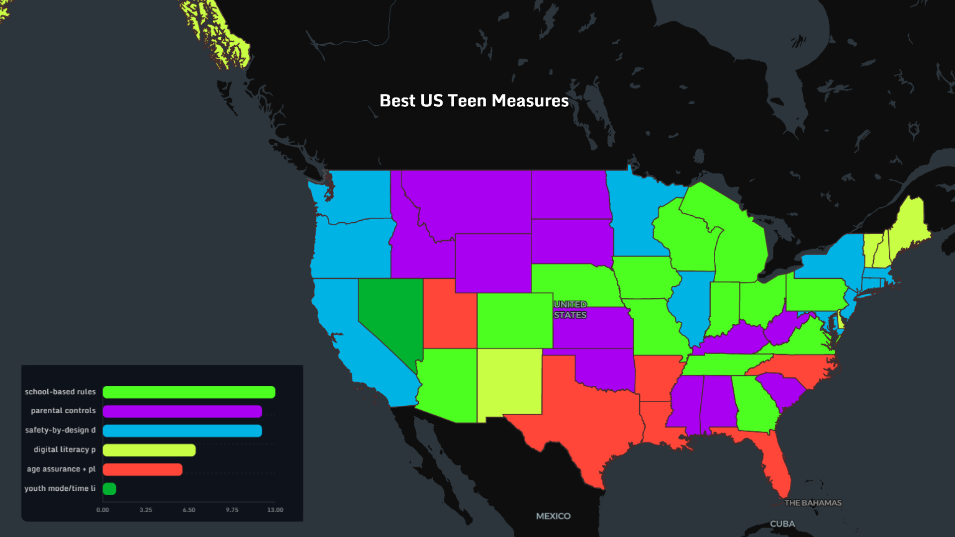 Best US teen measures by state map