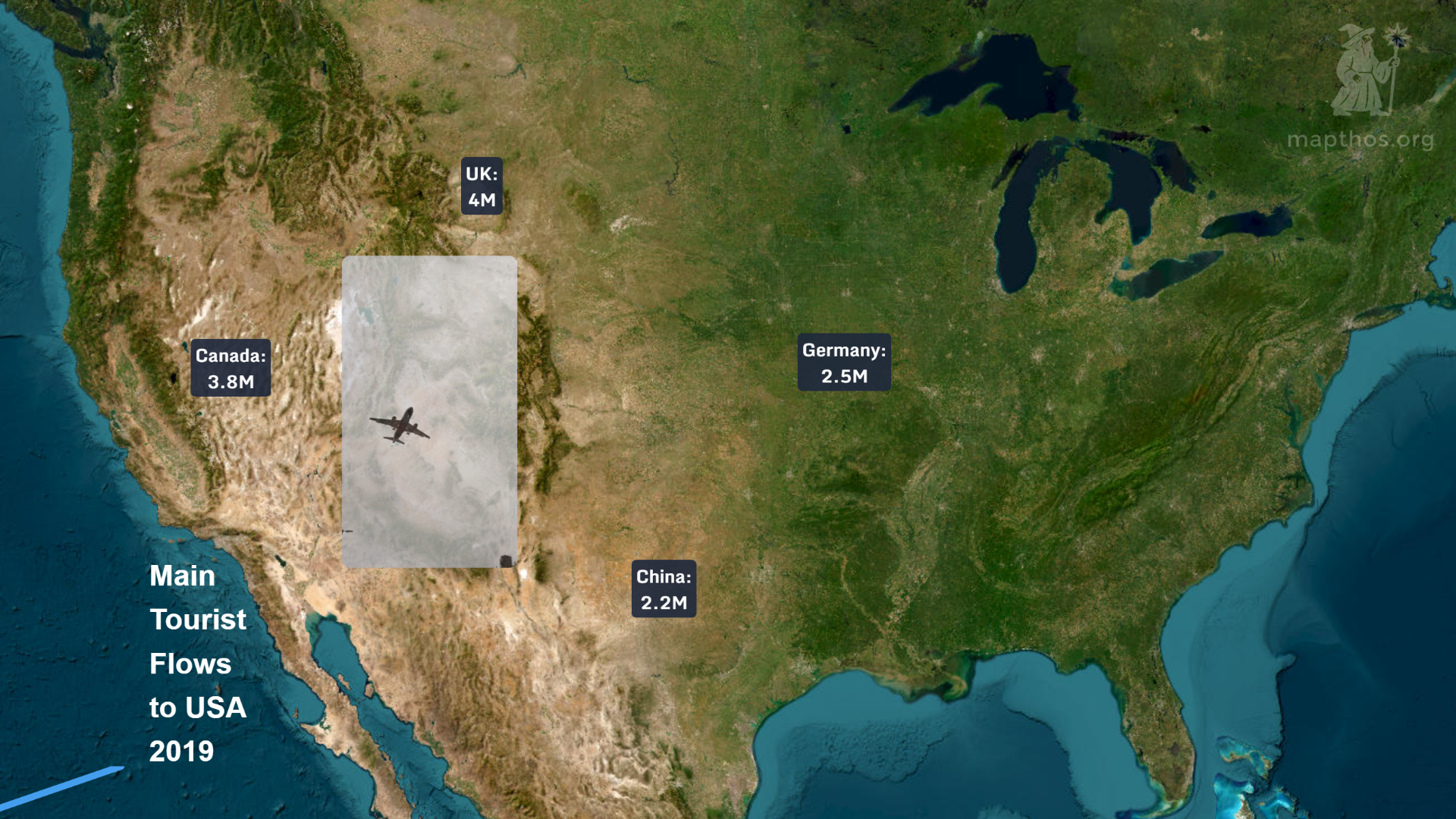 Global map of countries contributing tourists to the U.S. in 2019