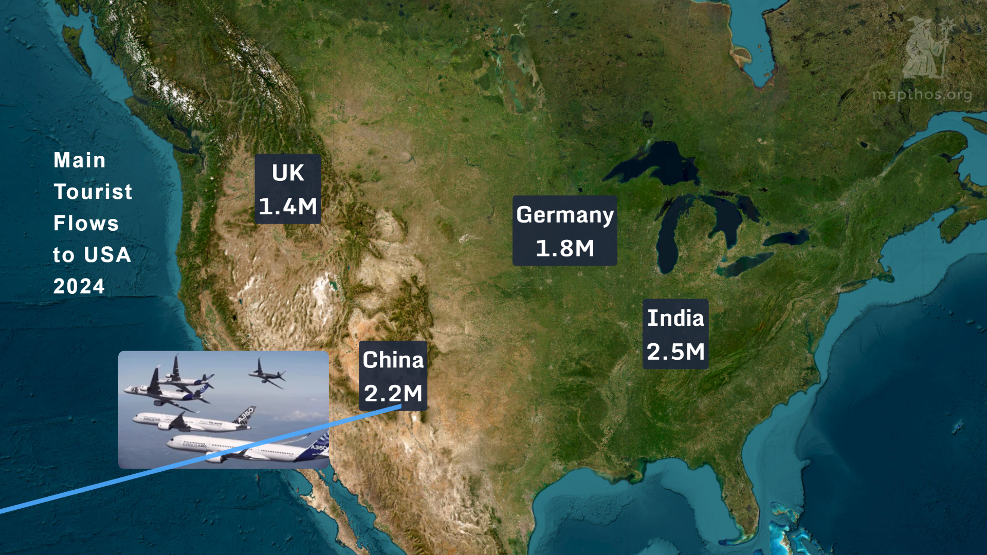 Global map of countries contributing tourists to the U.S. in 2024