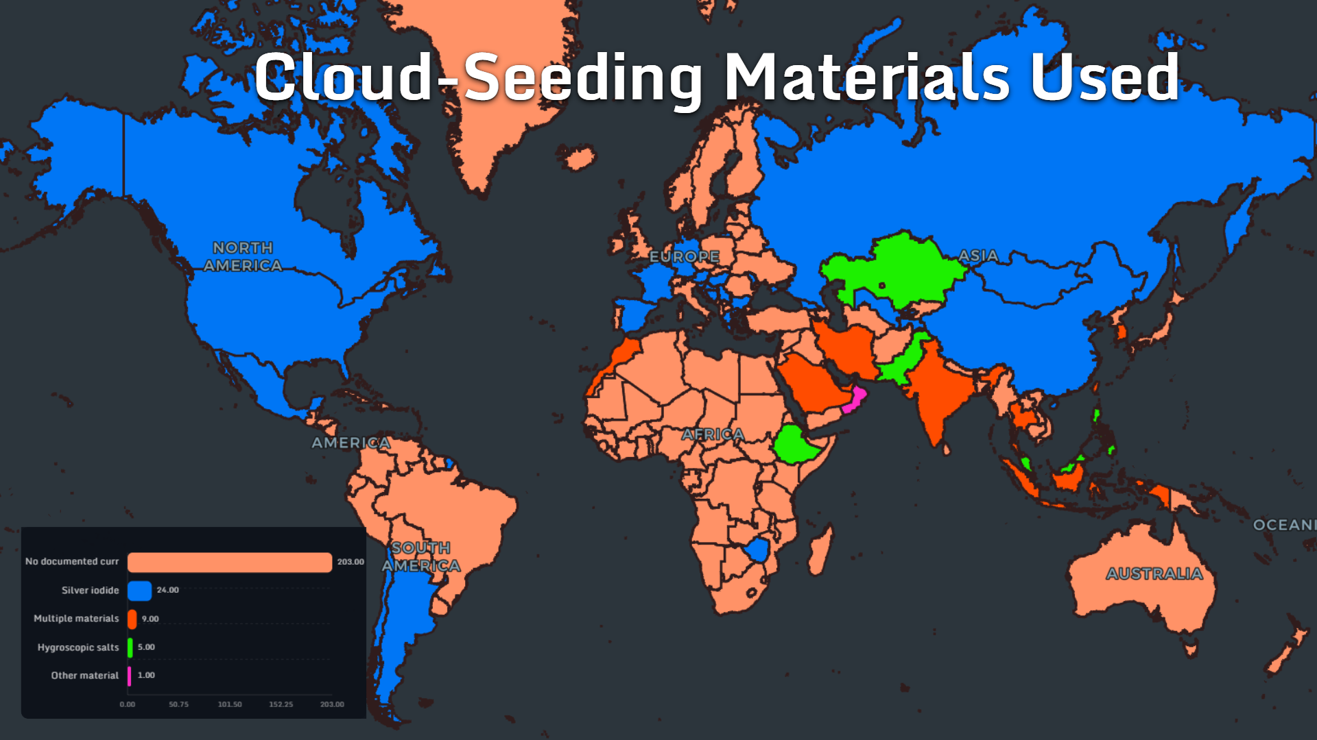 World map showing materials documented in cloud-seeding programs