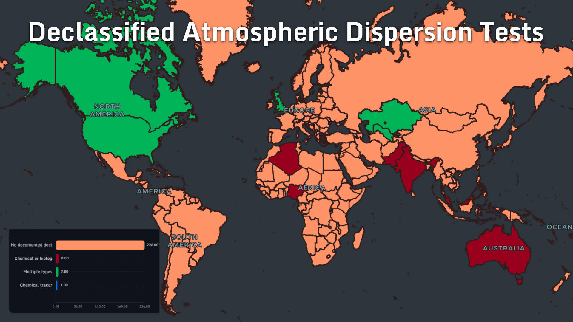 World map showing documented declassified atmospheric dispersion tests