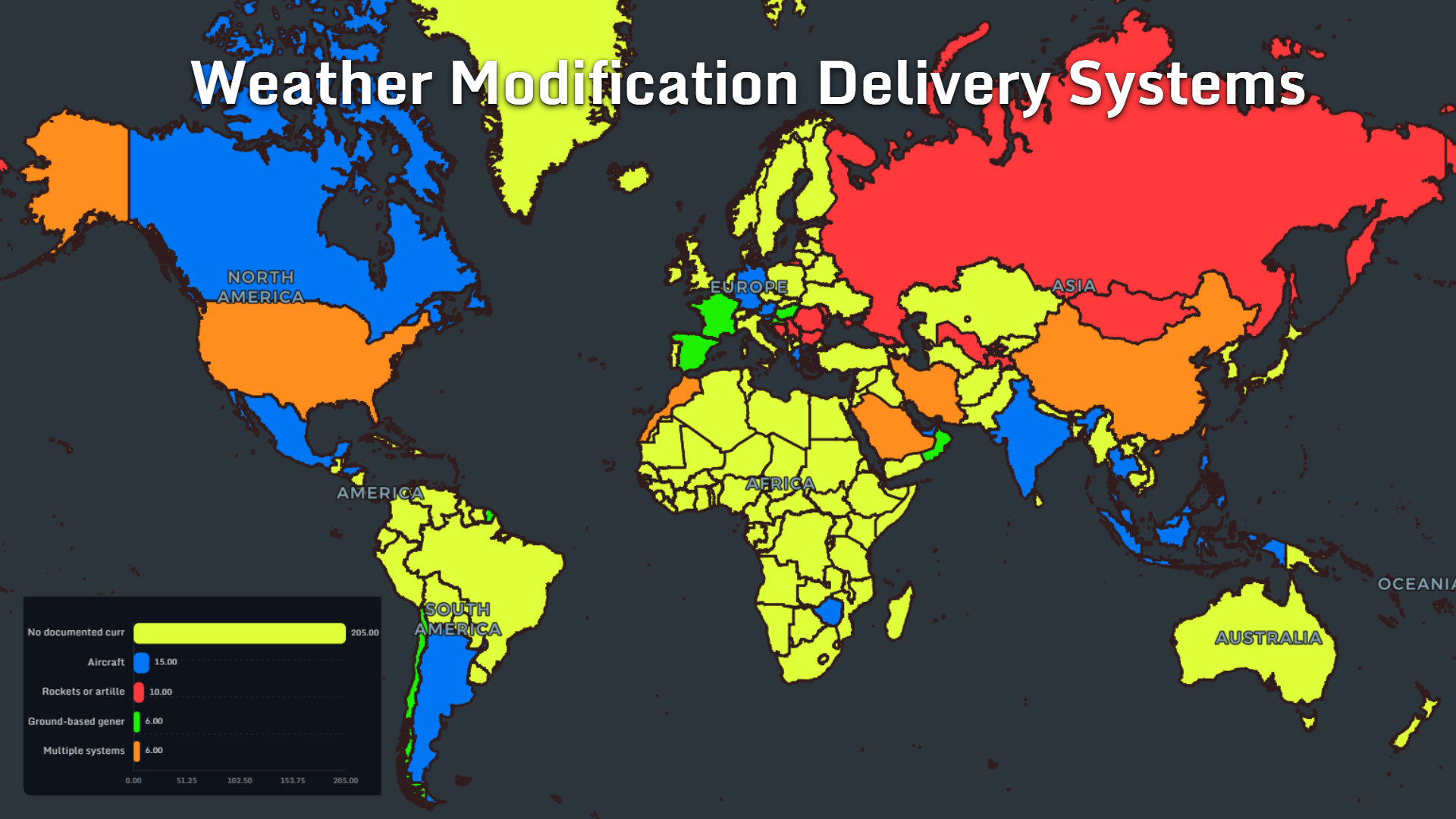 World map showing weather modification delivery systems including aircraft, rockets, artillery and ground generators