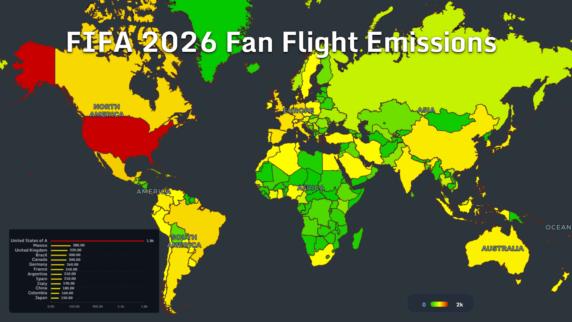 World map comparing fan flight emissions associated with travel to the 2026 World Cup
