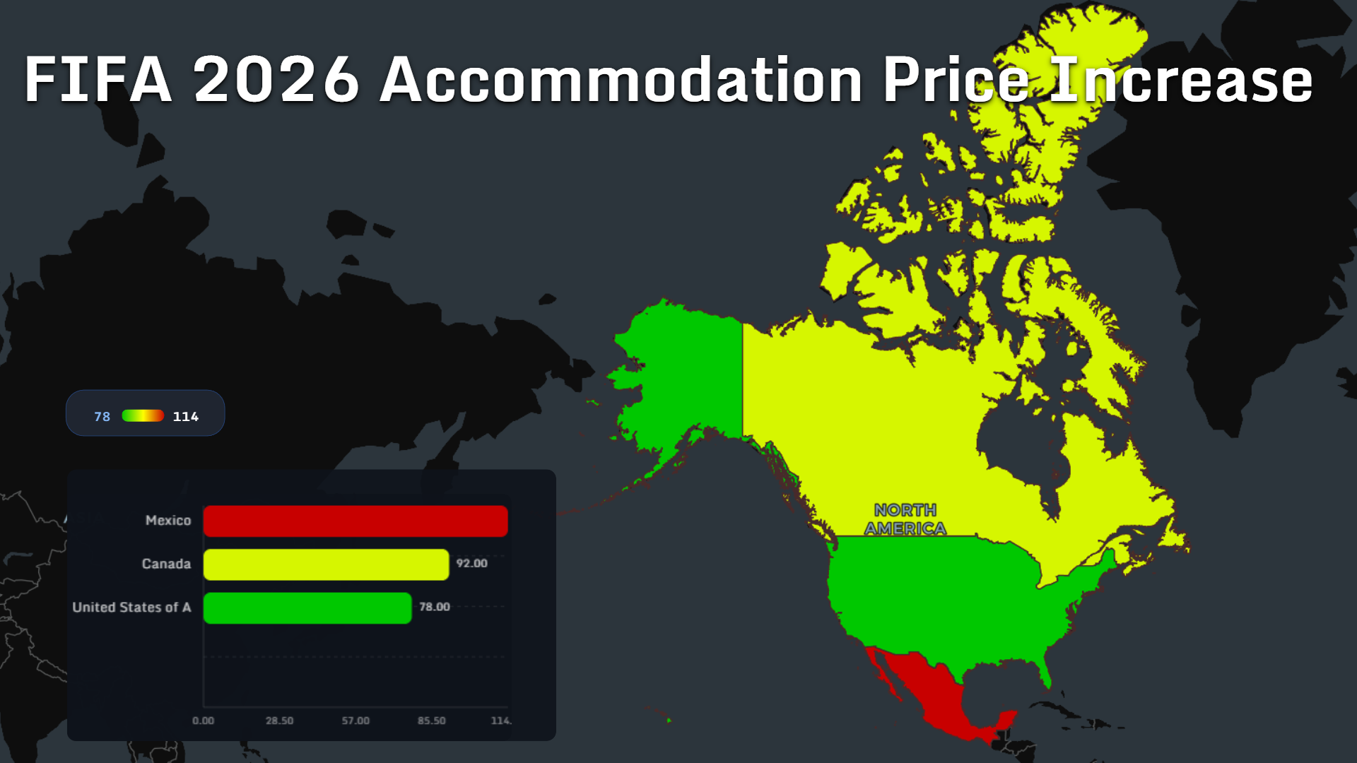 Map comparing accommodation price increases in Mexico, Canada and the United States during the 2026 World Cup