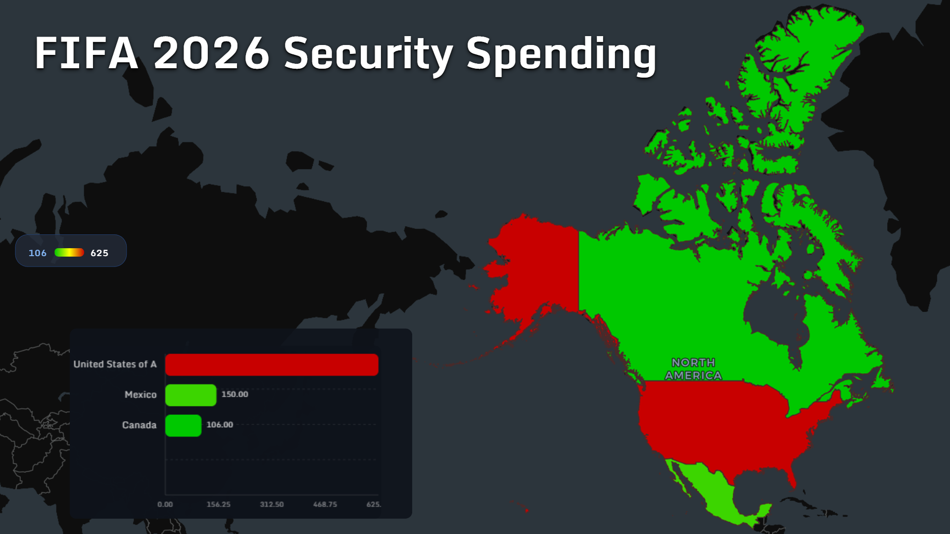 Map comparing 2026 World Cup security spending across the United States, Mexico and Canada