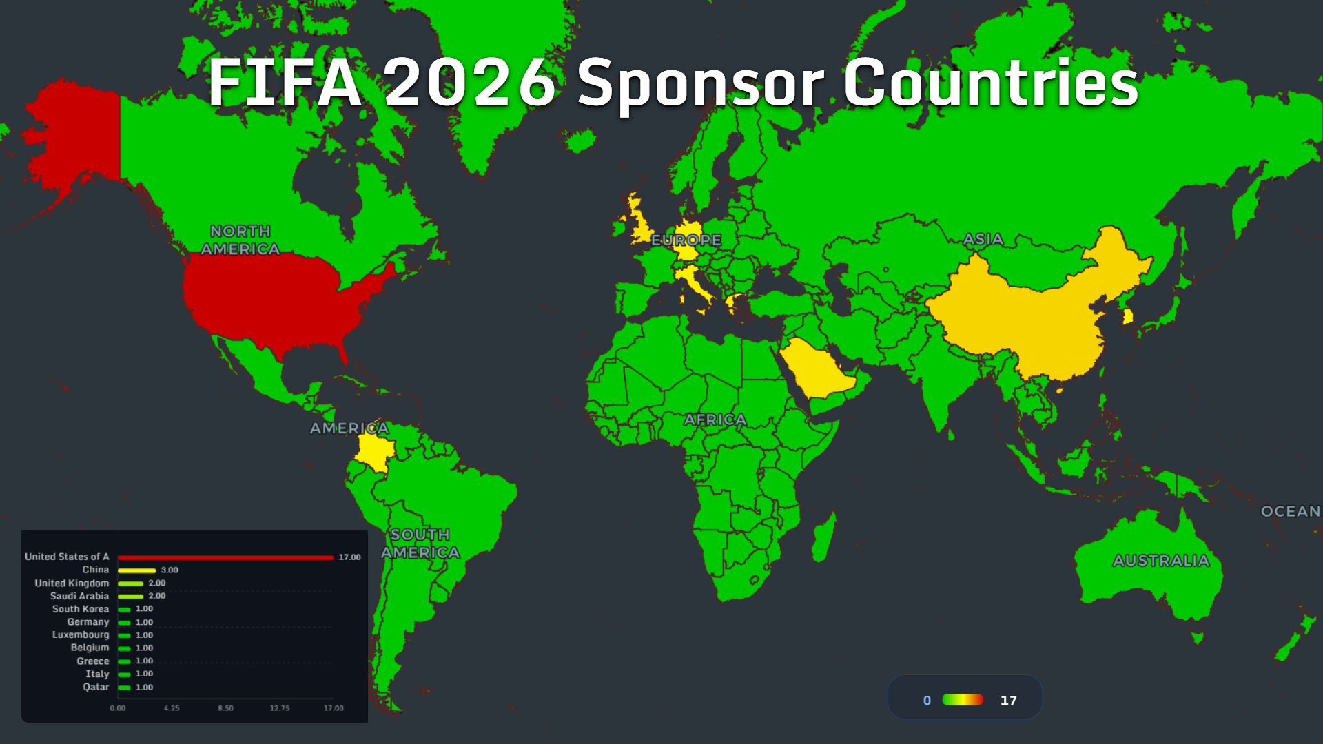 World map comparing the number of 2026 World Cup sponsors associated with each country