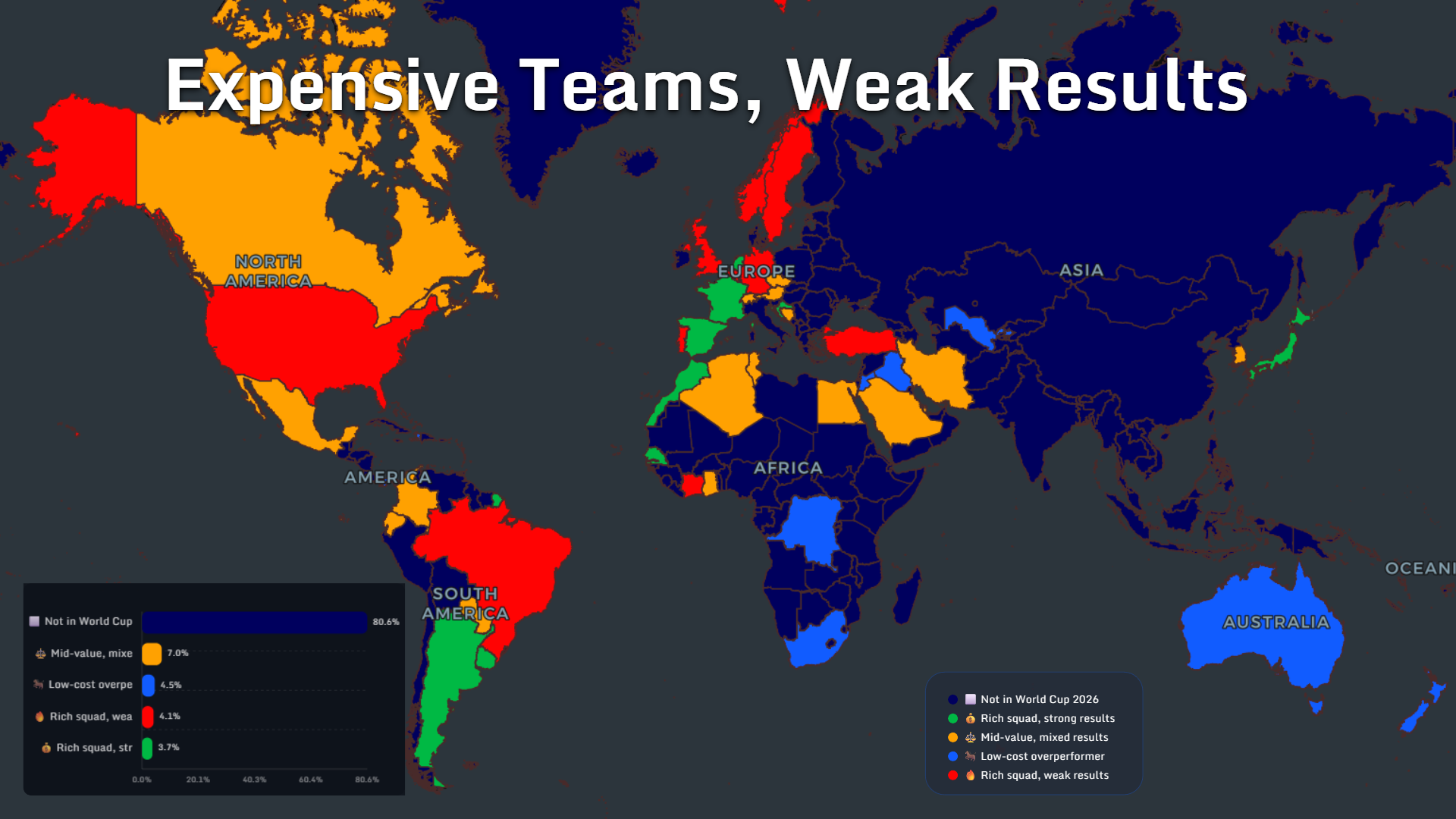 Map comparing national squad value with recent football performance before the 2026 World Cup