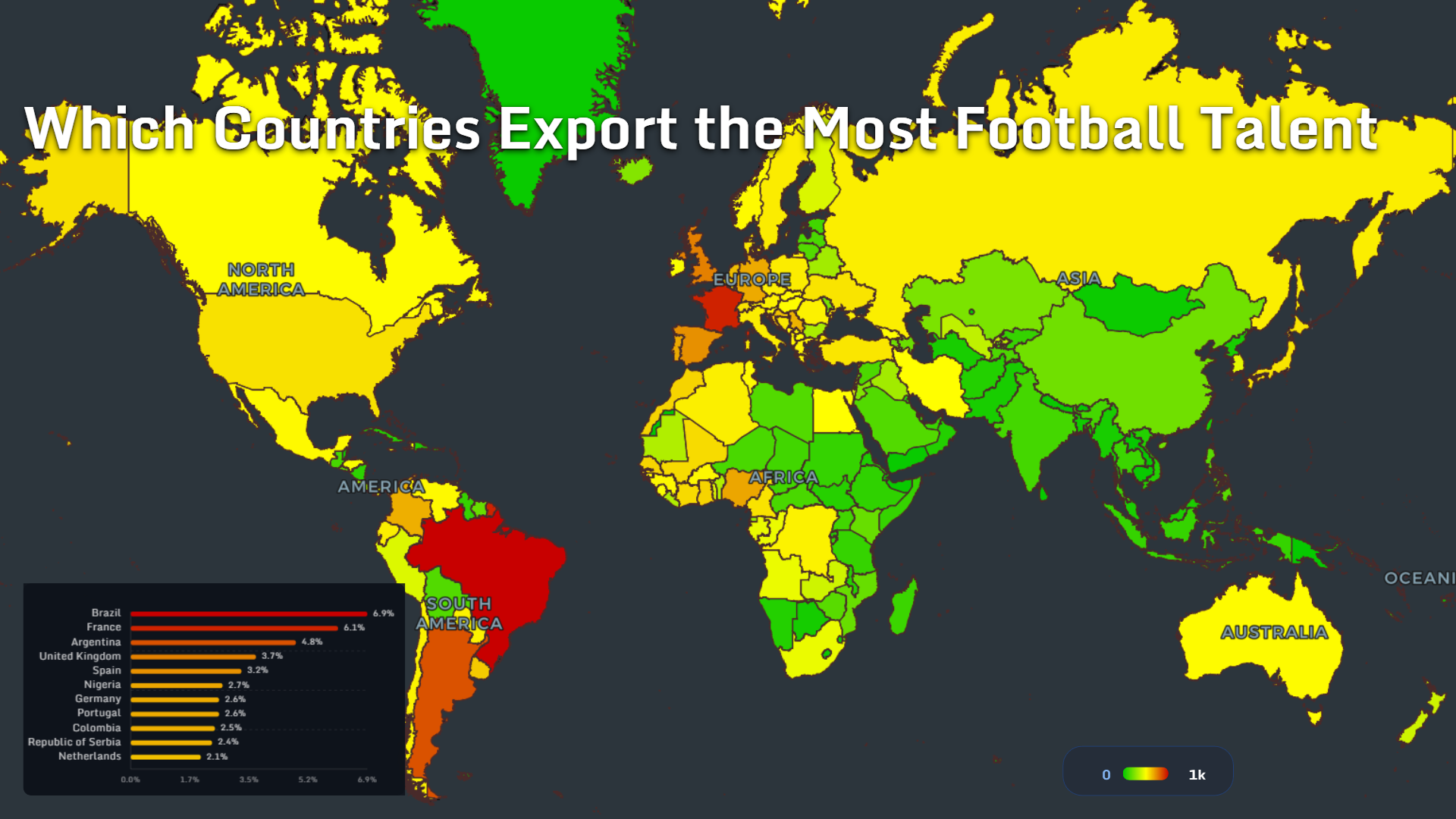 World map showing the leading exporters of professional football talent in 2026