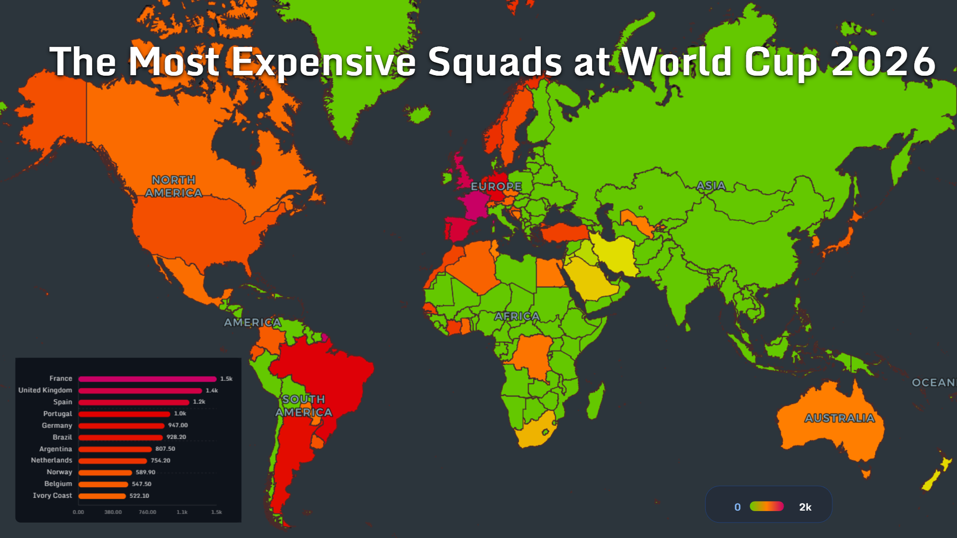 World map comparing the market value of national squads at the 2026 World Cup