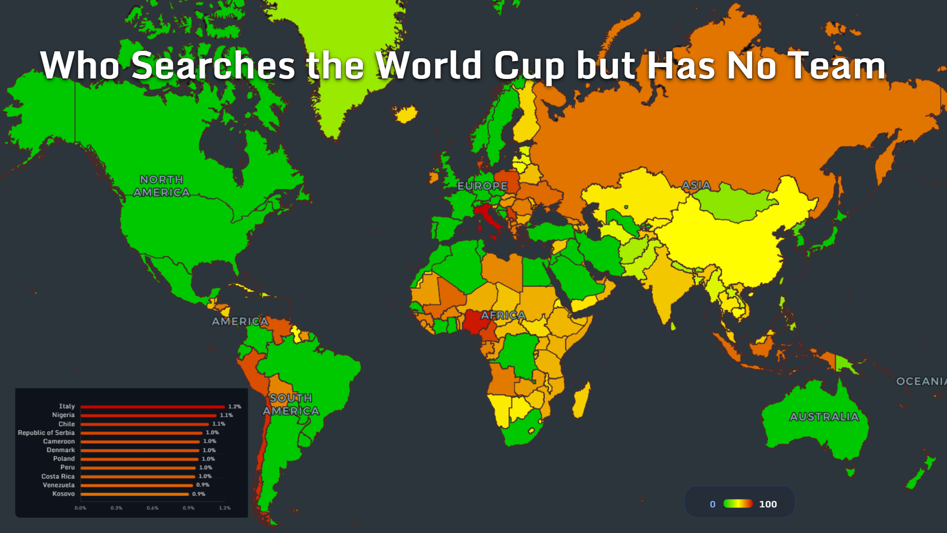 Map showing countries with high World Cup search interest but no participating national team in 2026