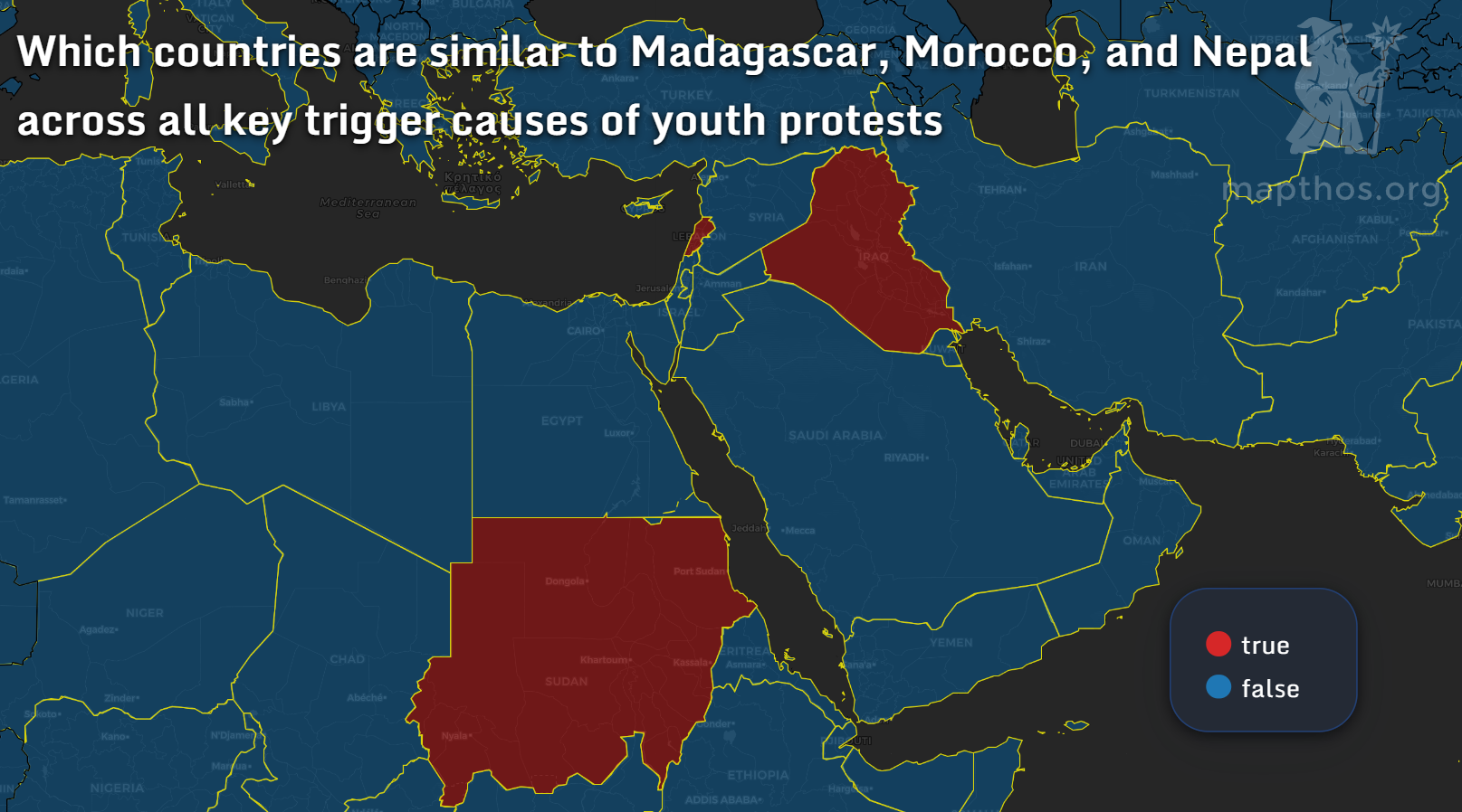 Map showing countries similar to Madagascar, Morocco, and Nepal combined