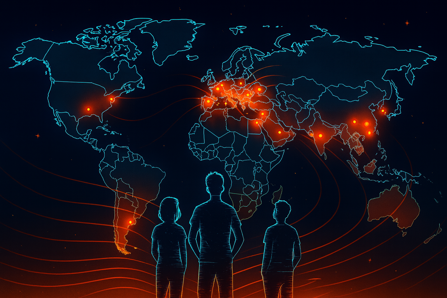 Neon world map showing youth protest data waves