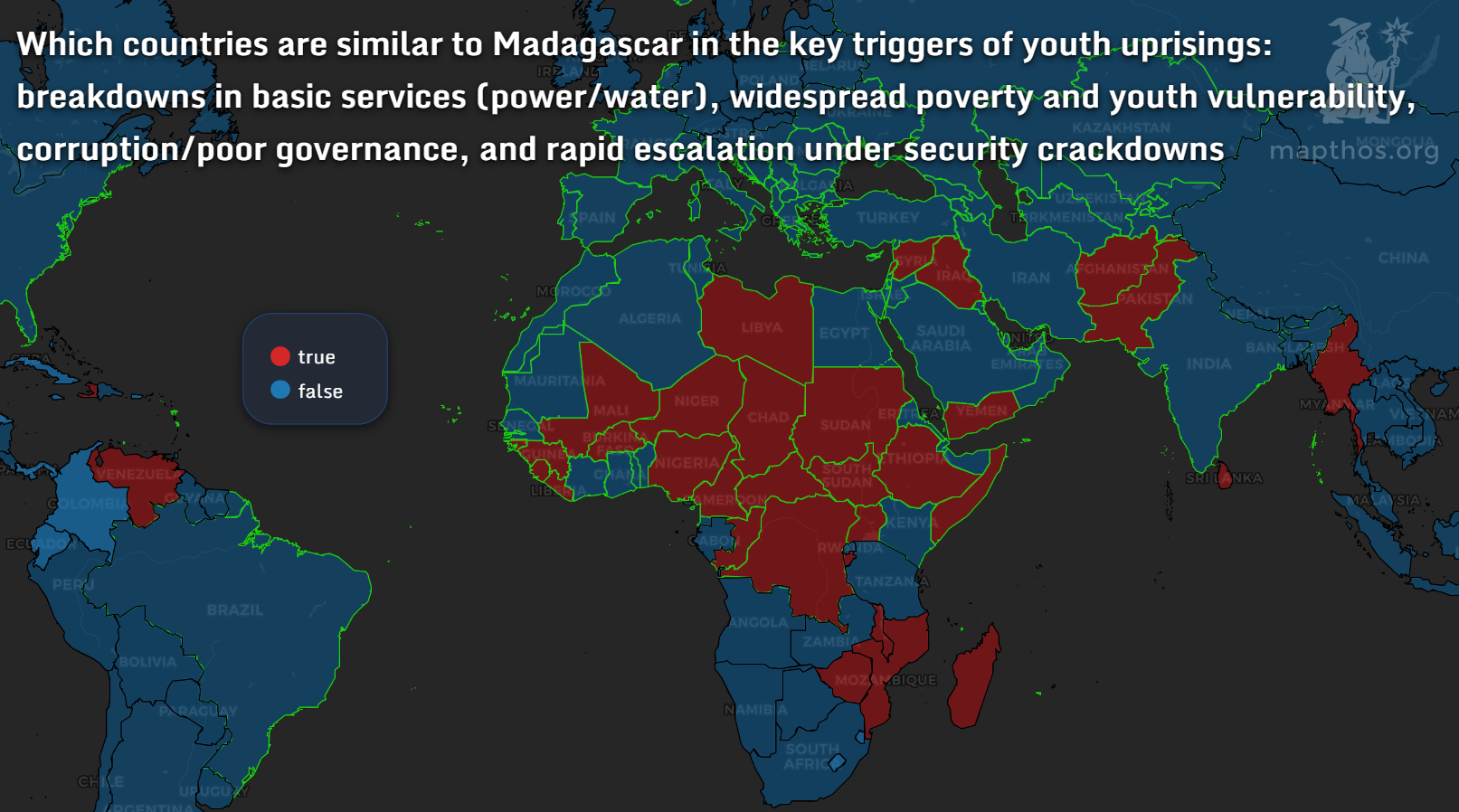 Map showing countries similar to Madagascar in youth protest triggers